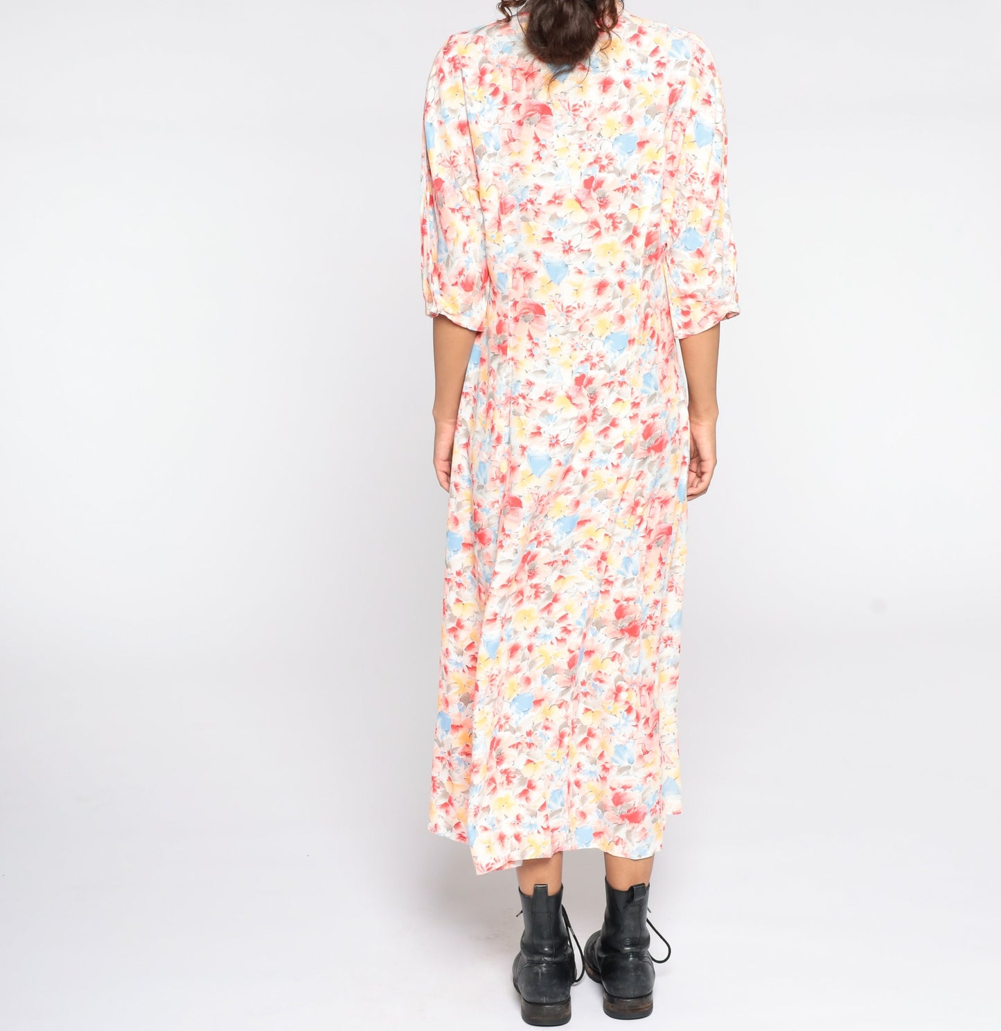 80s Floral Midi Shirtdress High Waist Button Front 3/4 Sleeve Small
