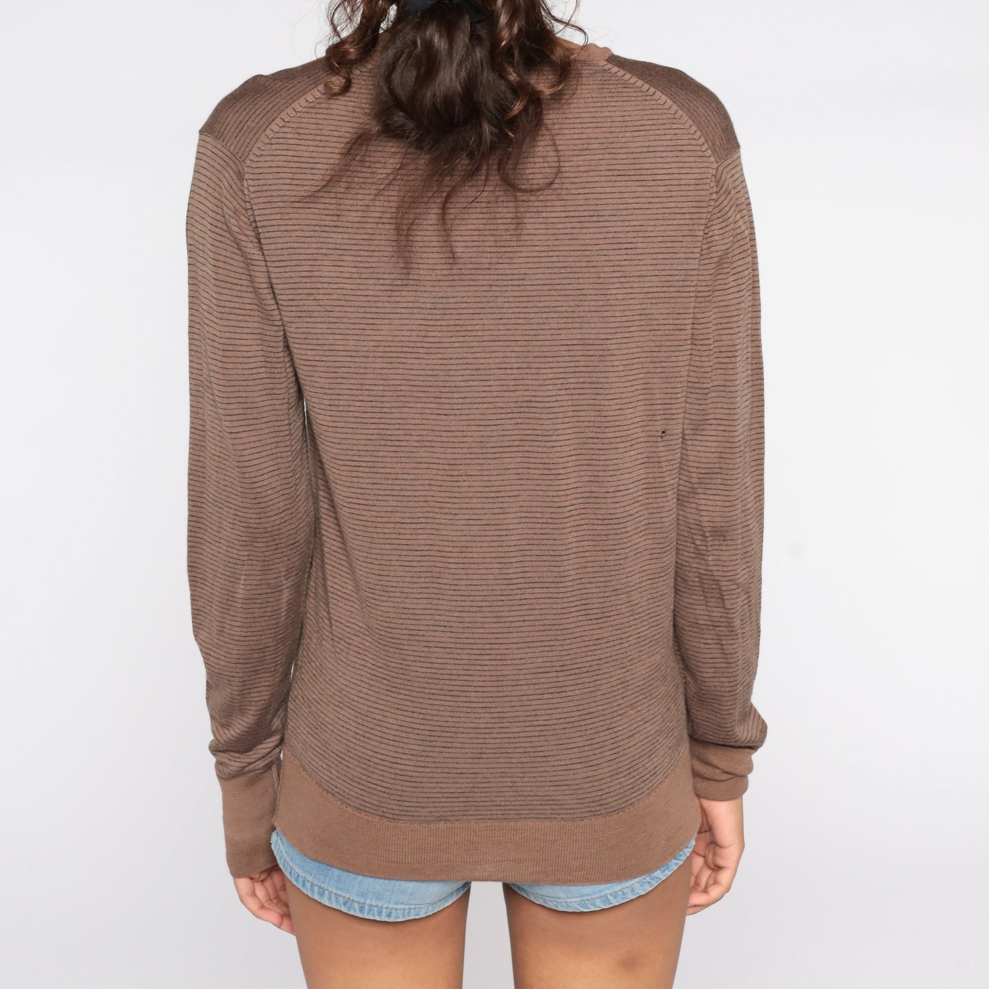 80s Brown Striped Wool V-Neck Sweater Pullover Medium