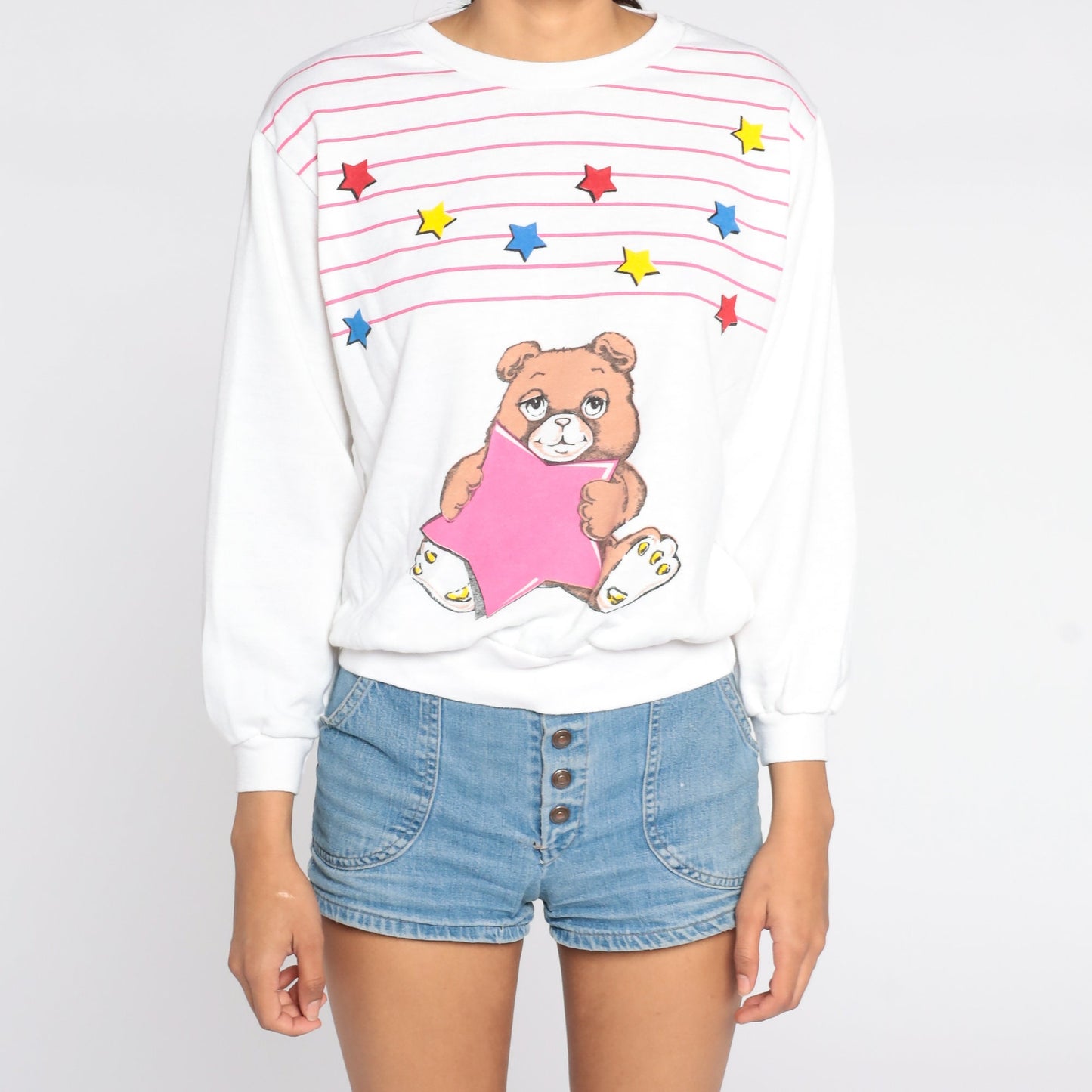 80s Teddy Bear Graphic Sweatshirt White Pink Striped Crewneck Medium