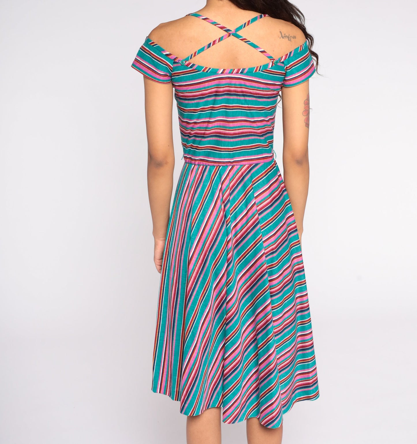 70s Teal Striped Midi Dress Off-Shoulder Criss-Cross Straps Extra Small