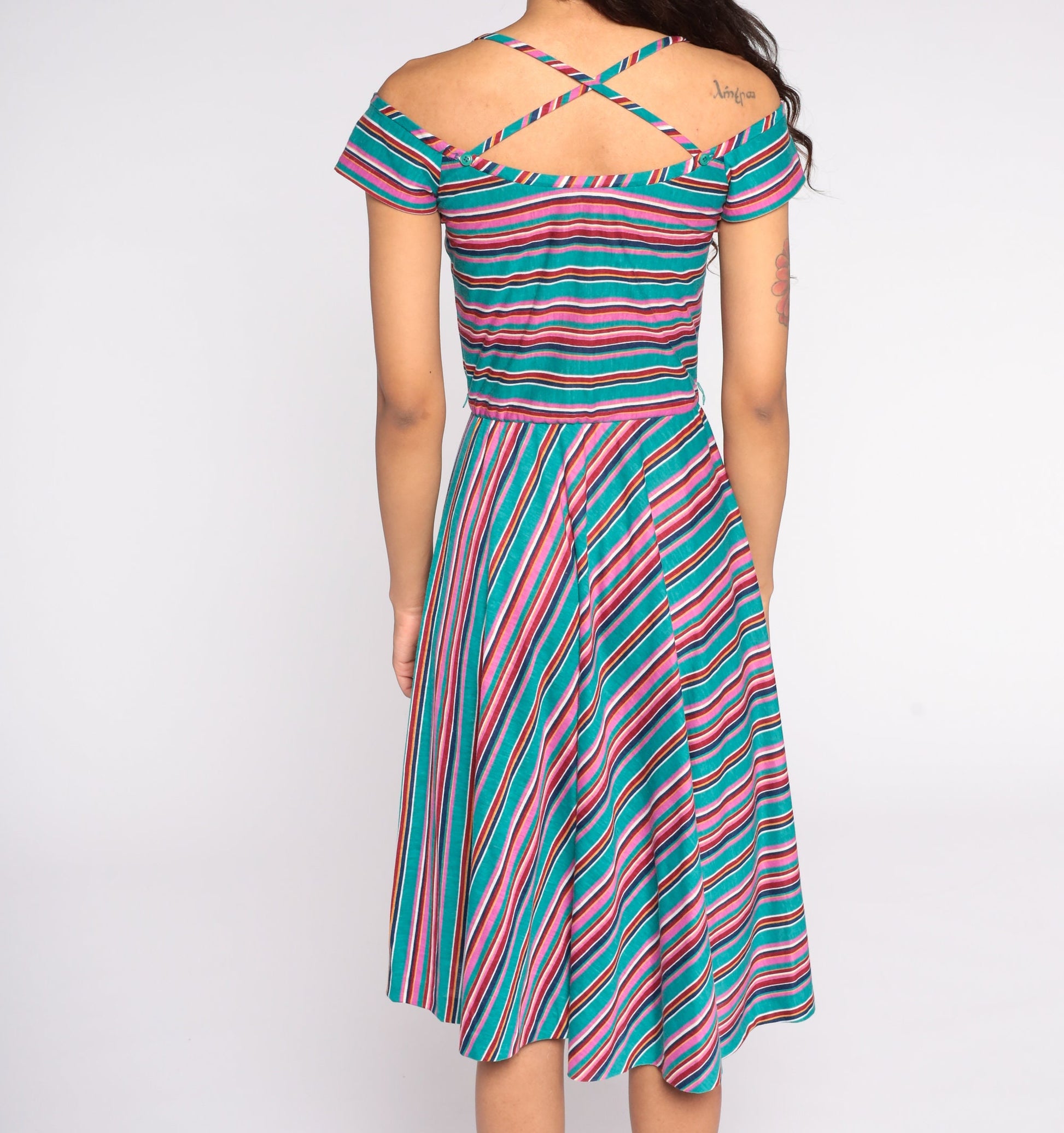 70s Teal Striped Midi Dress Off-Shoulder Criss-Cross Straps Extra Small