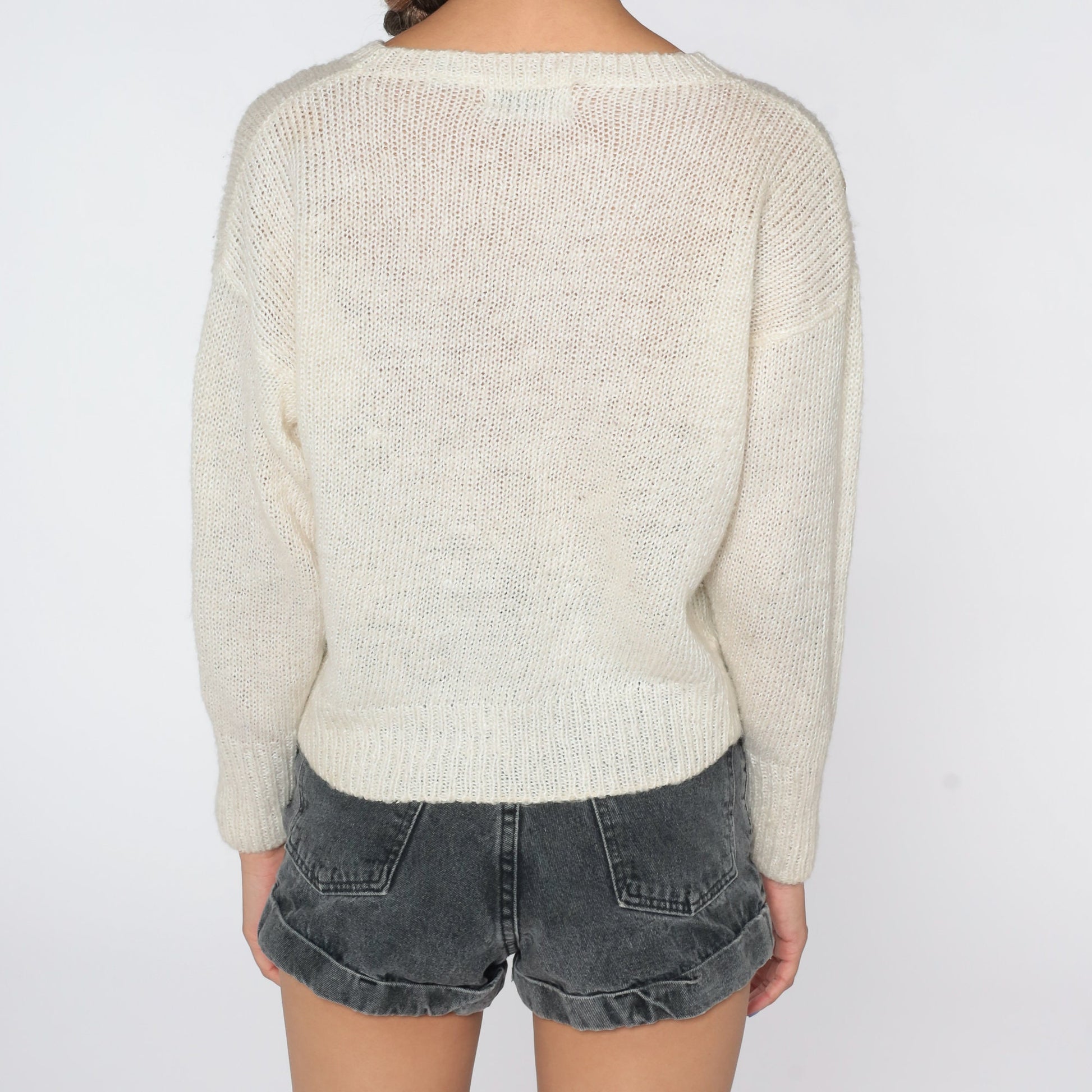 80s White Leaf Knit Sweater Graphic Pullover Crewneck Medium