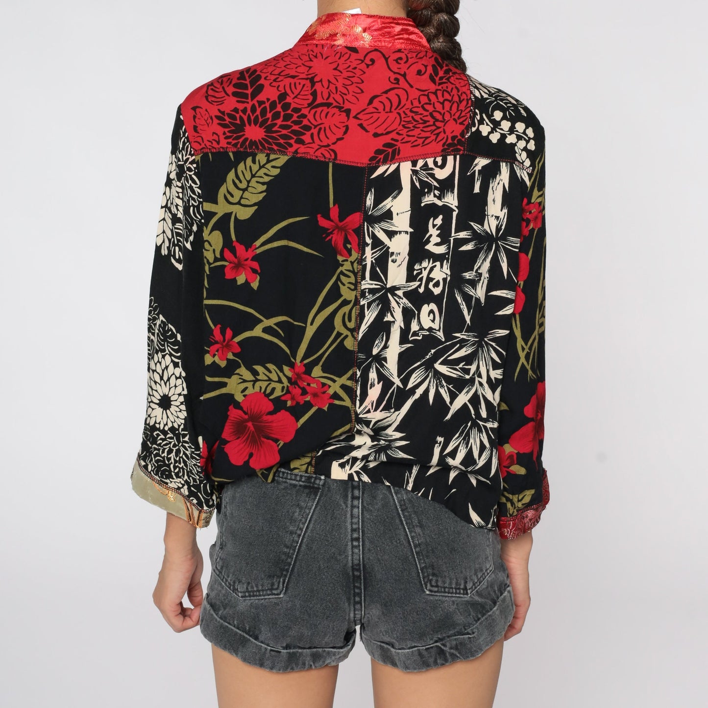 90s Floral Beaded Button Up Shirt Red Asian-Inspired Blouse Large L