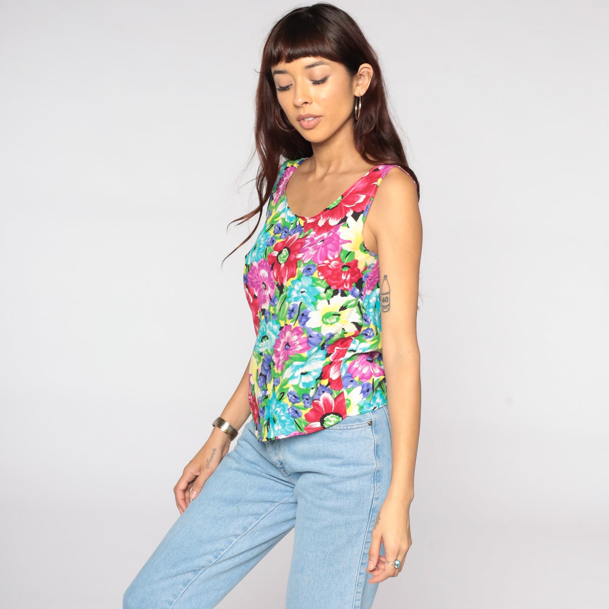 90s Floral Tank Top Sleeveless Blouse Belted Rayon Tropical Extra Small