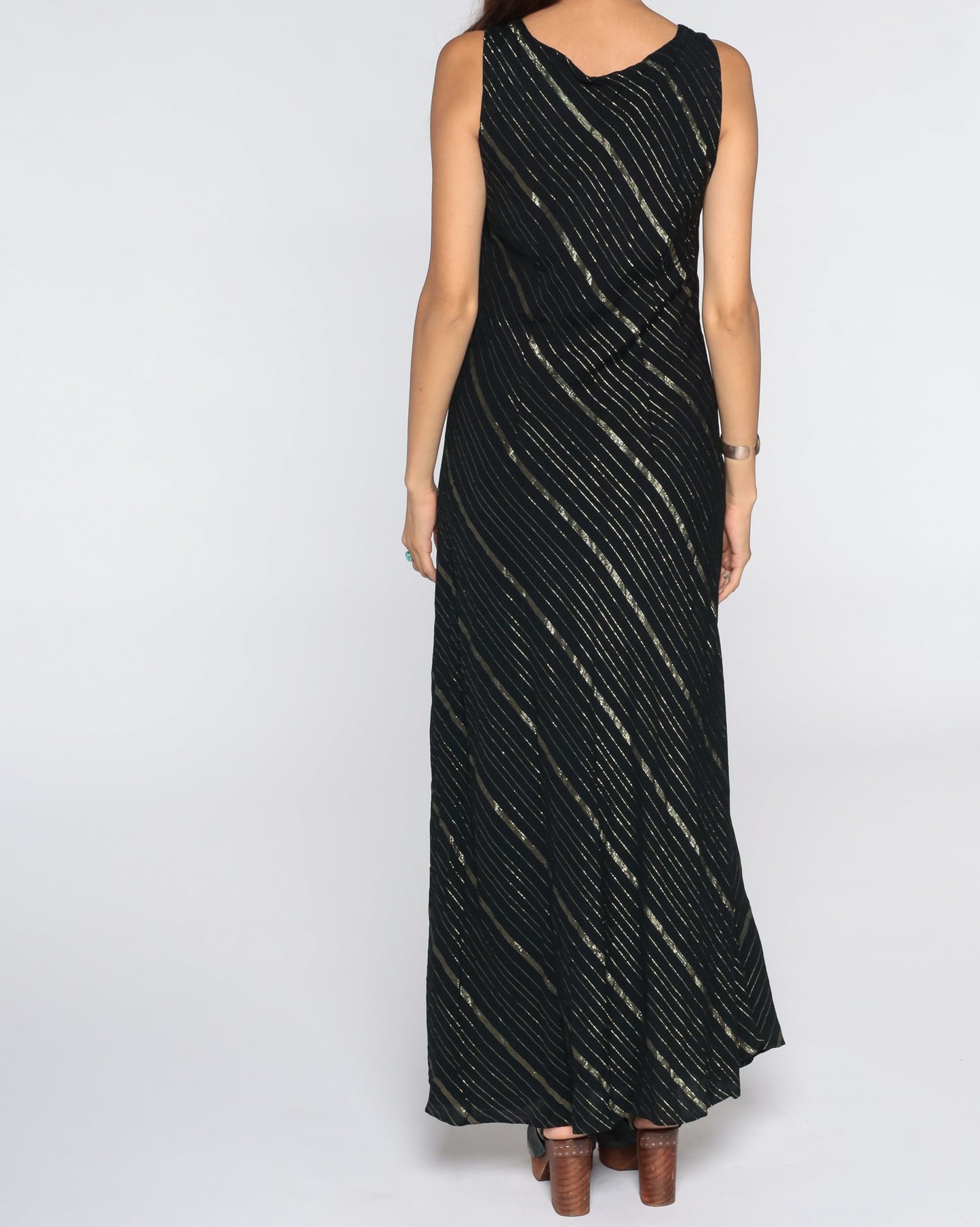 90s Black Maxi Dress Gold Metallic Stripe Sleeveless Column Medium
