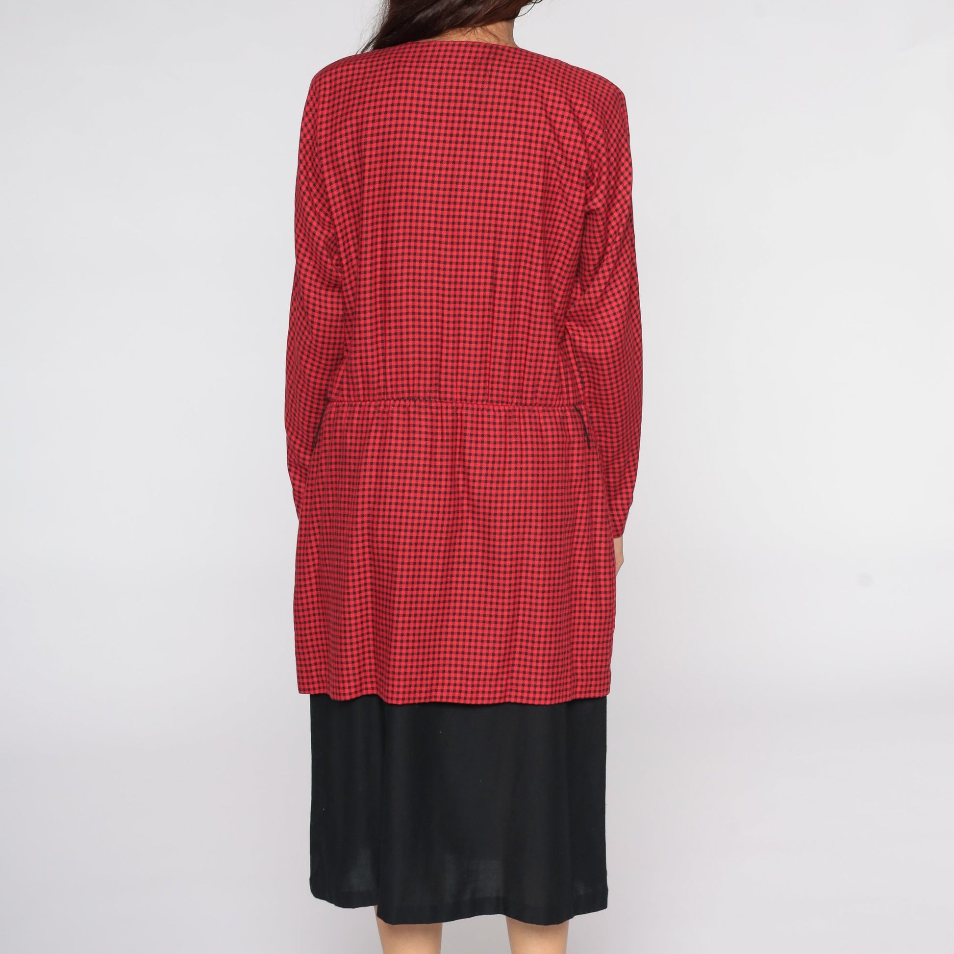 80s Red Gingham Midi Dress Long Sleeve Checkered Plaid Large