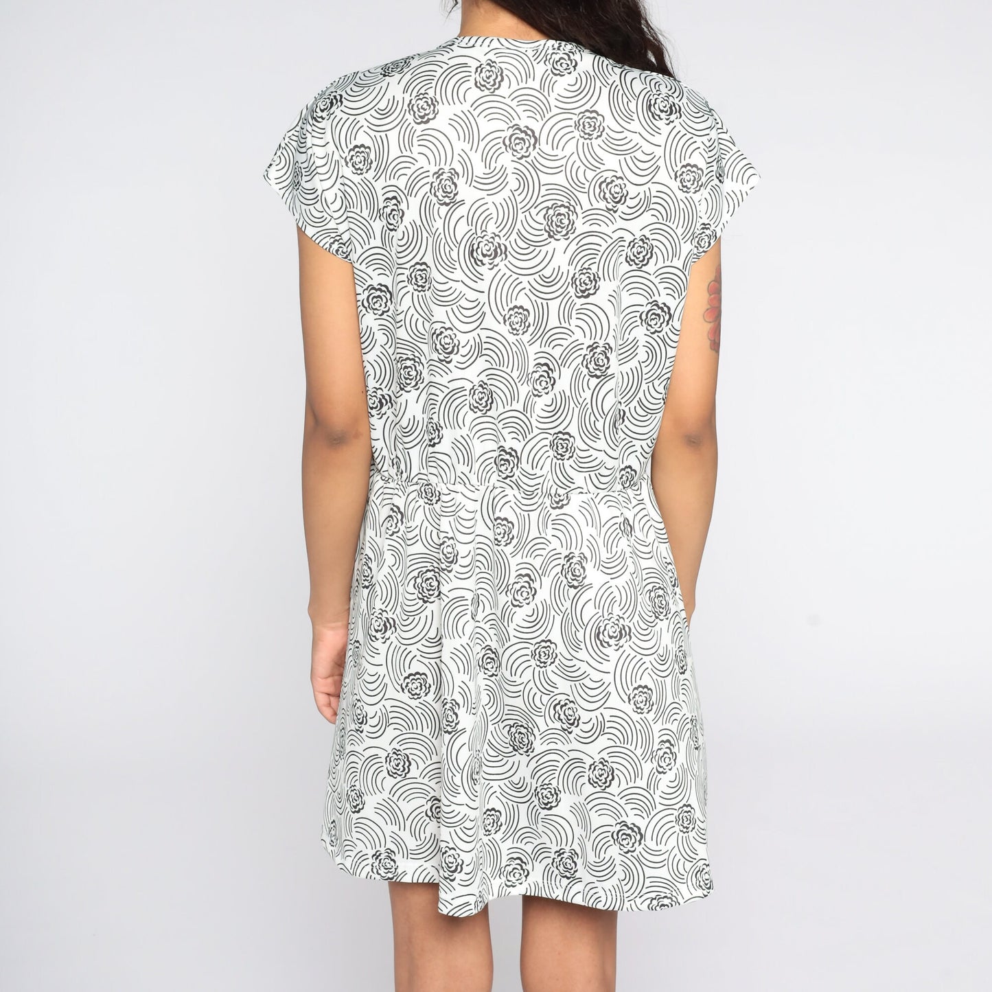 80s Floral Mini Dress Black White Cap Sleeve Button Front High Waisted Extra Large