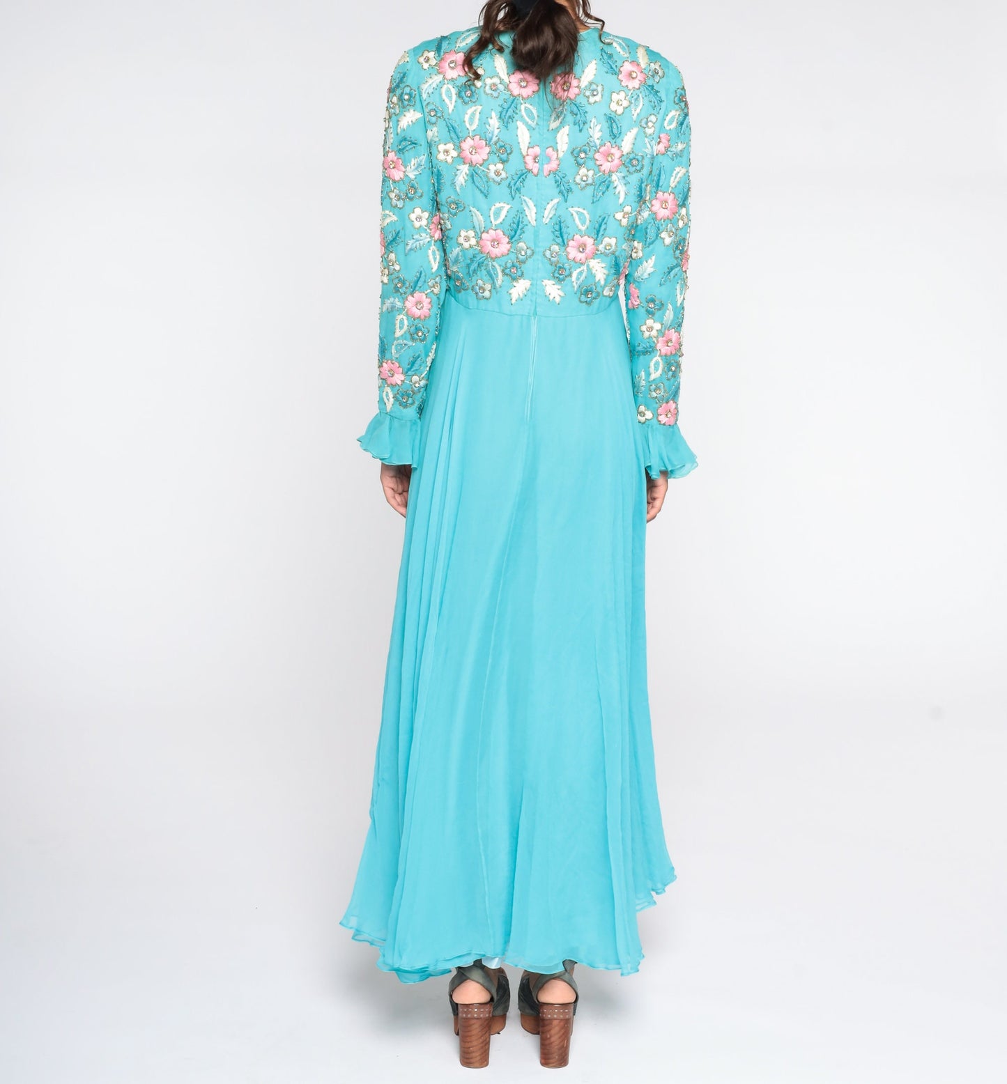 70s Blue Chiffon Maxi Dress Floral Embroidery High Waist Long Sleeve Medium