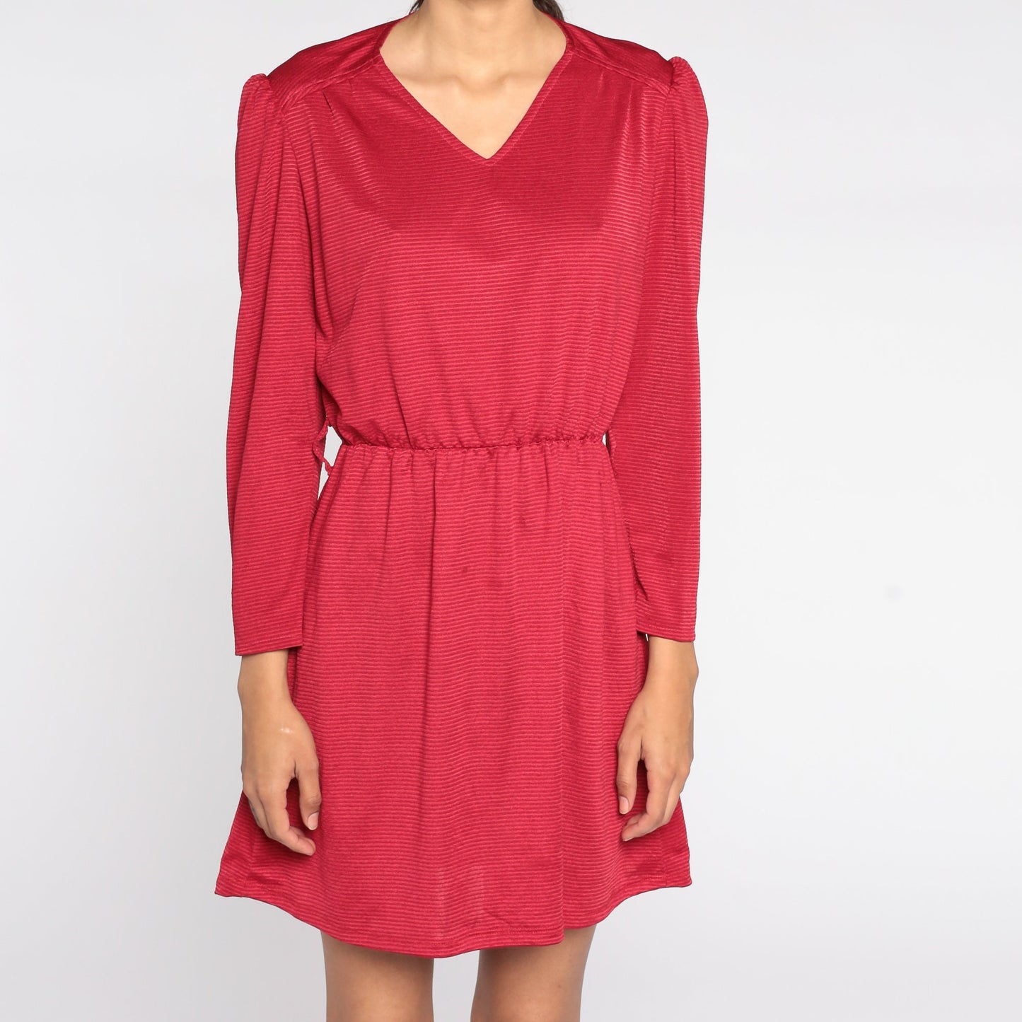 80s Cherry Red Striped Mini Dress Puff Sleeve V-Neck Elastic Waist Small
