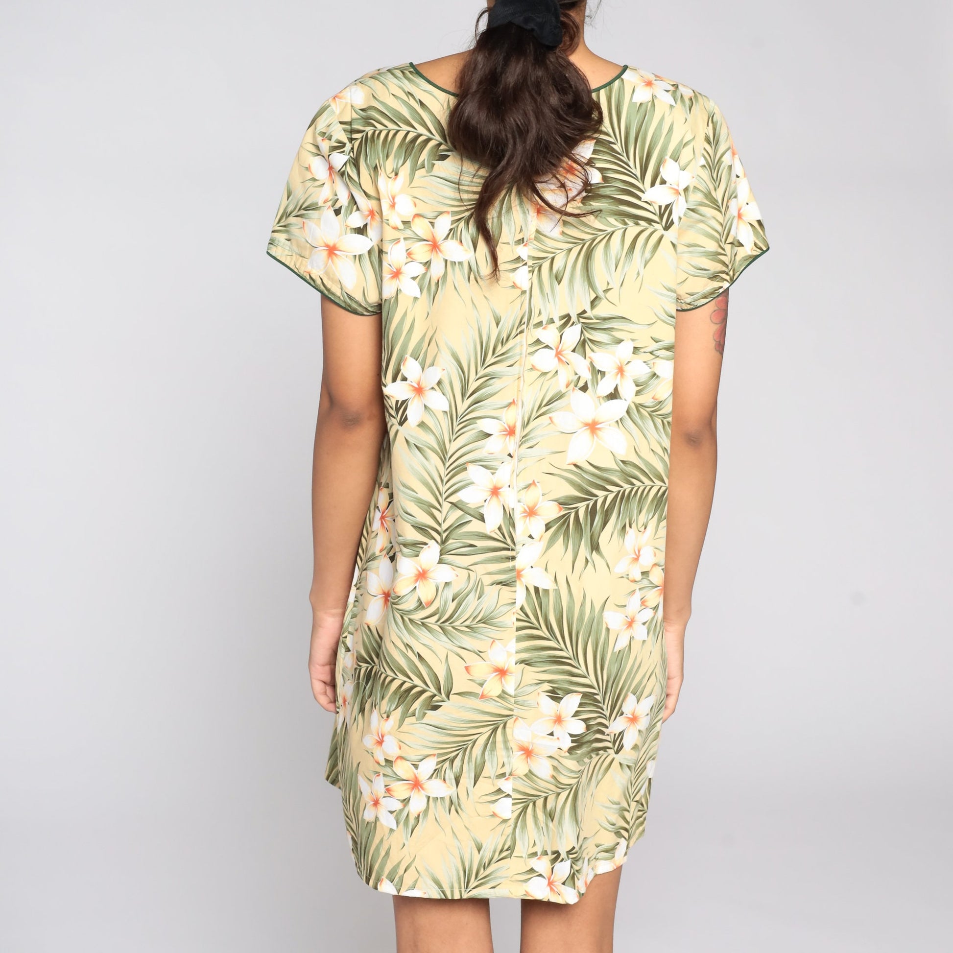 90s Tropical Floral Mini Dress Yellow Shift Cotton Short Sleeve Medium
