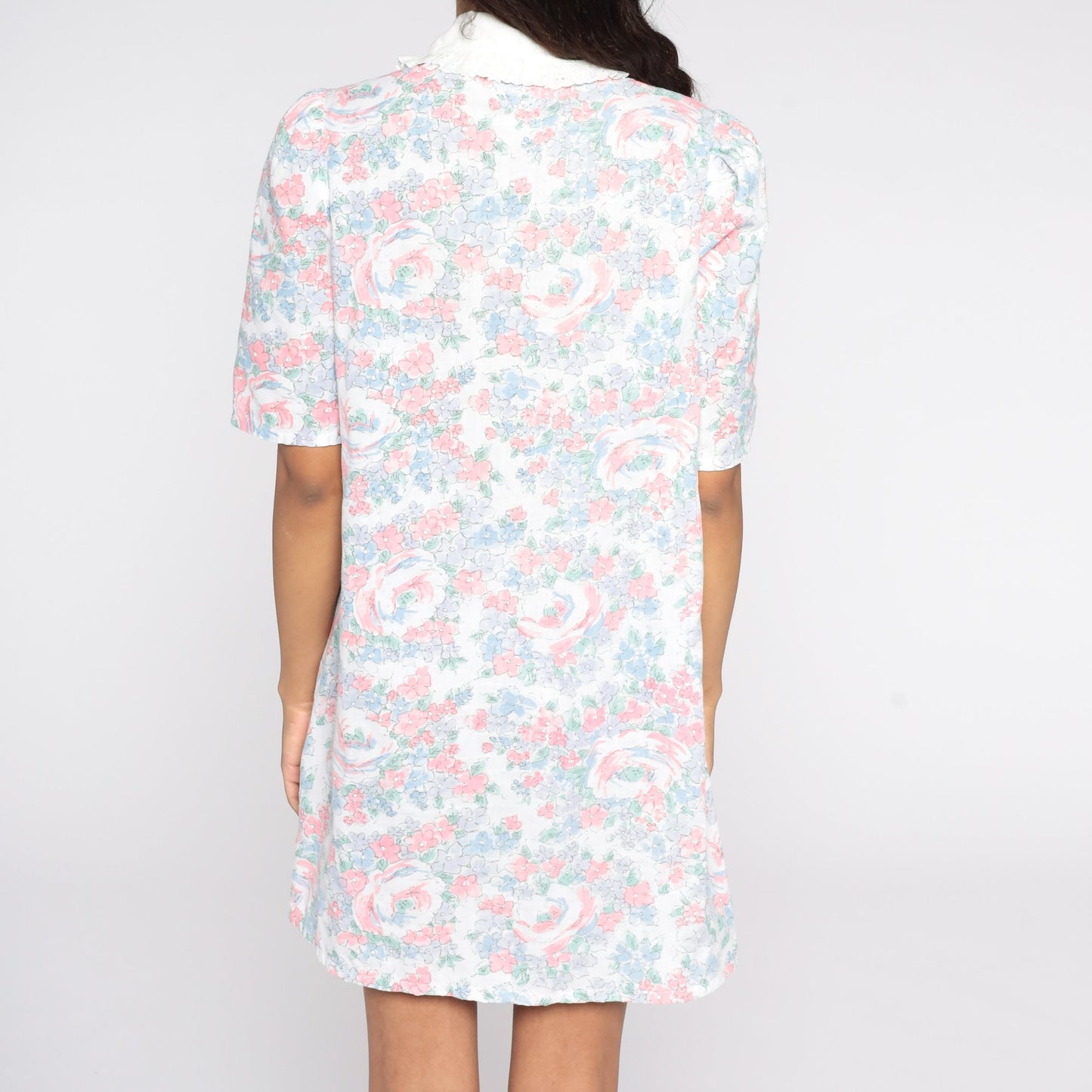 80s Floral Mini Dress Lace Collar Short Sleeve Cotton Small