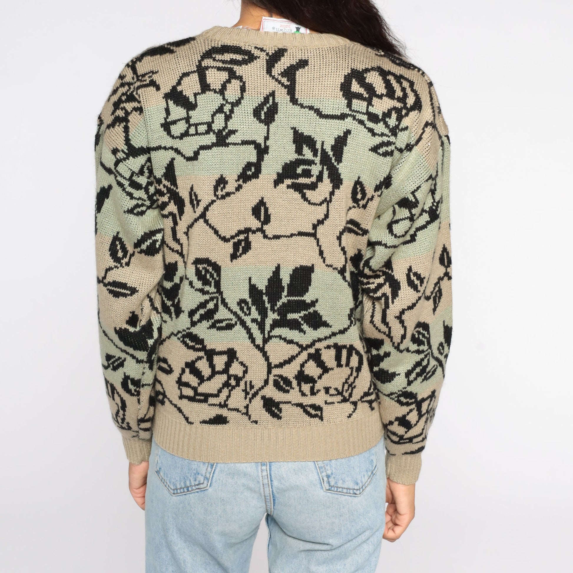 80s Floral Vine Crewneck Sweater Brown Green Pullover Medium