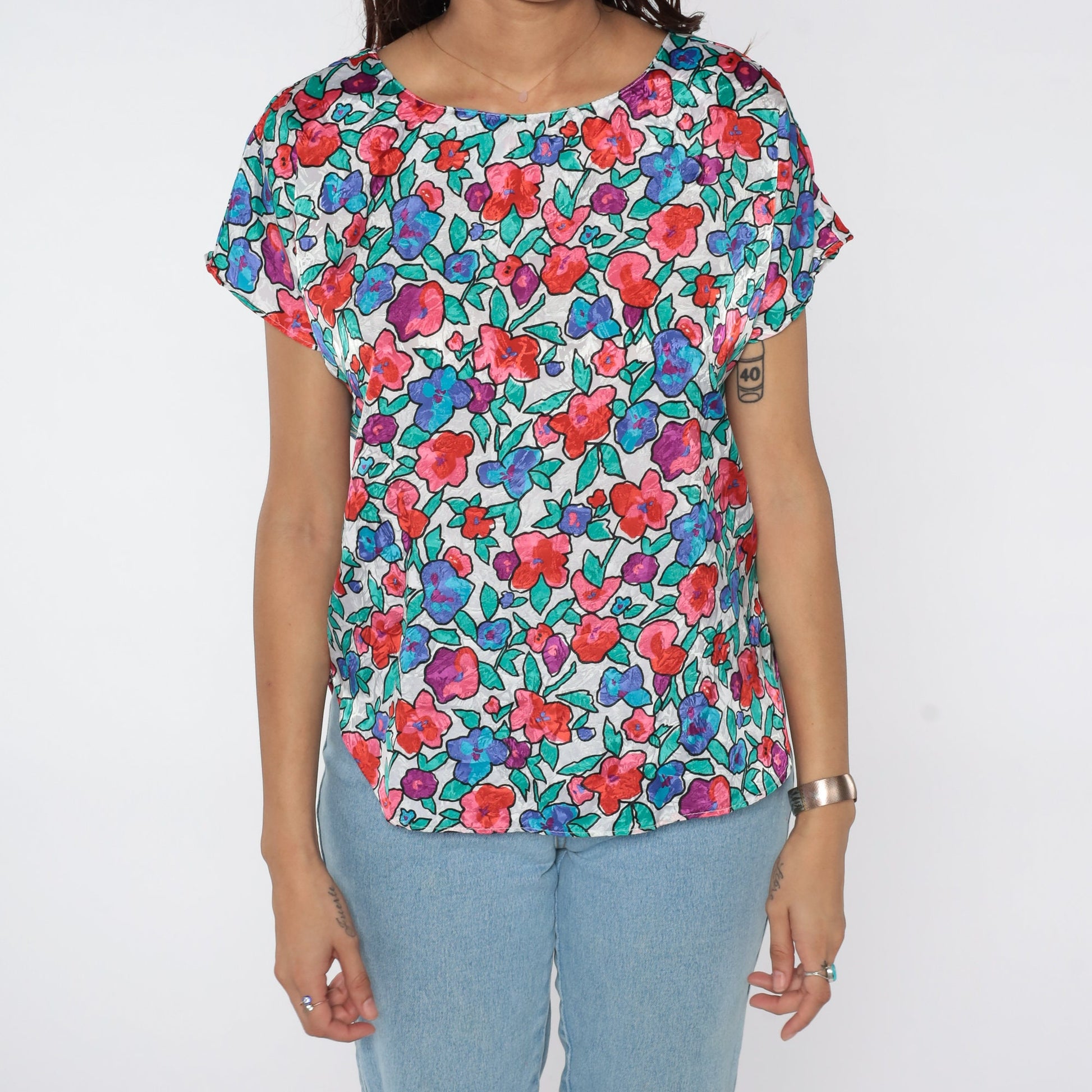 80s Floral Cap Sleeve Blouse White Green Pink Flower Print Small