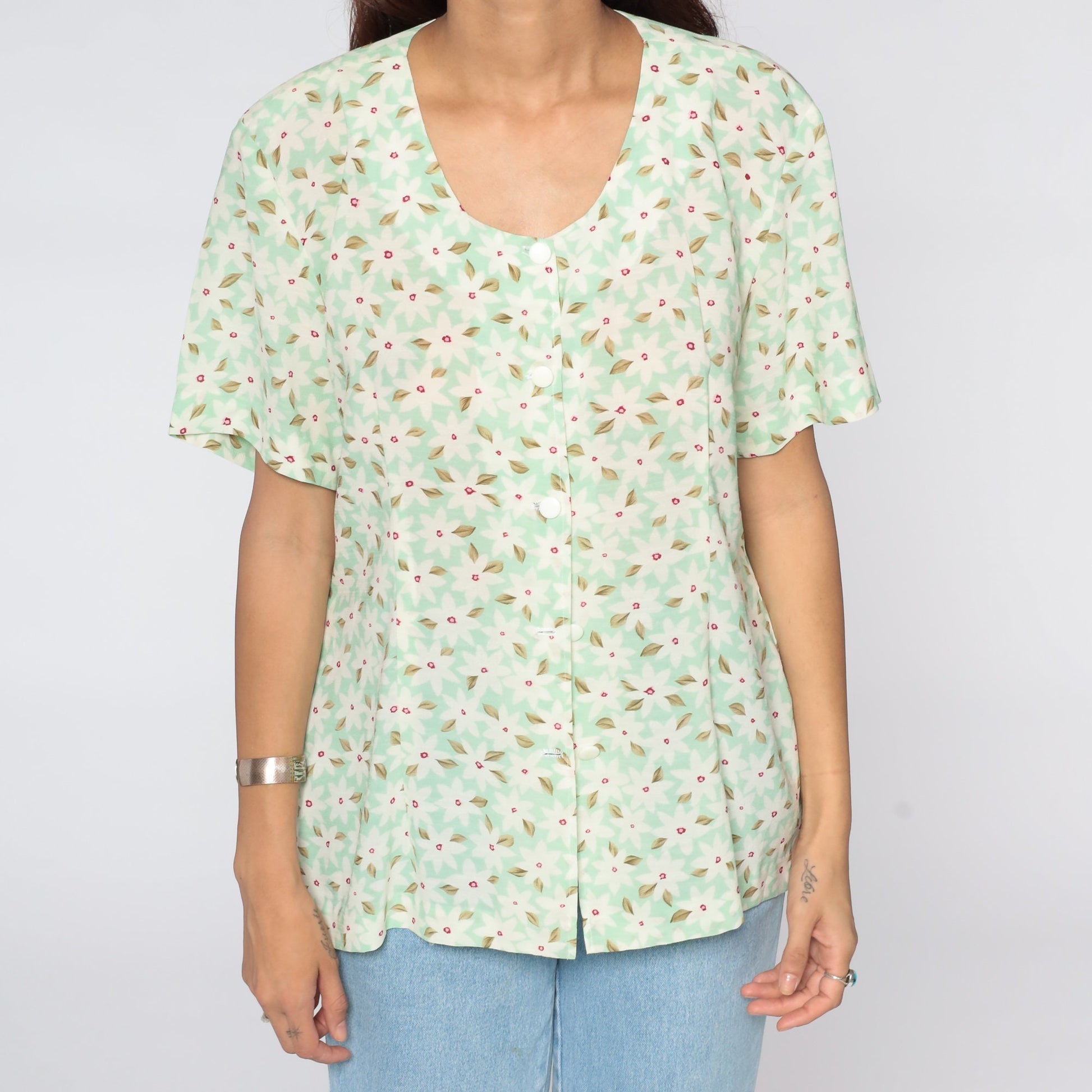90s Green Floral Button-Up Shirt Short Sleeve Blouse Medium Large
