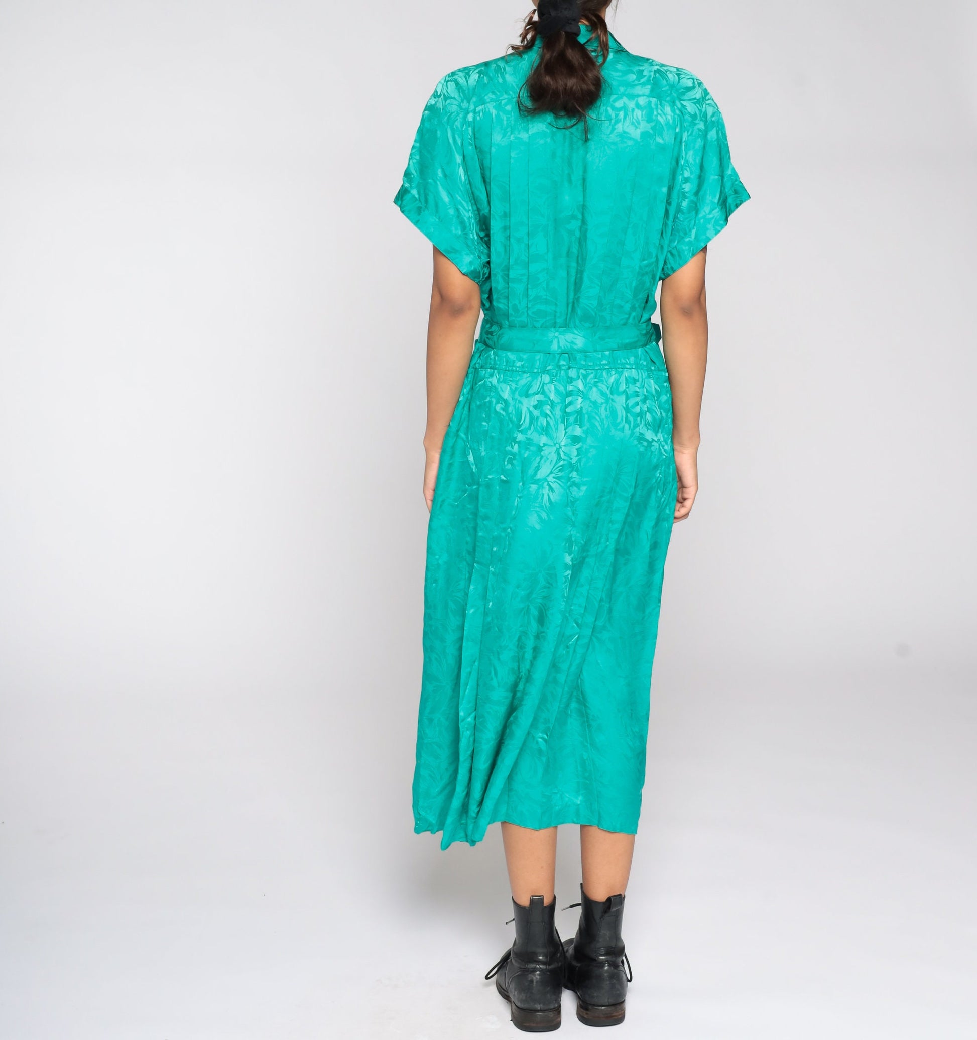 80s Green Wrap Dress High Waisted Deep V Neck Midi Embossed Extra Large