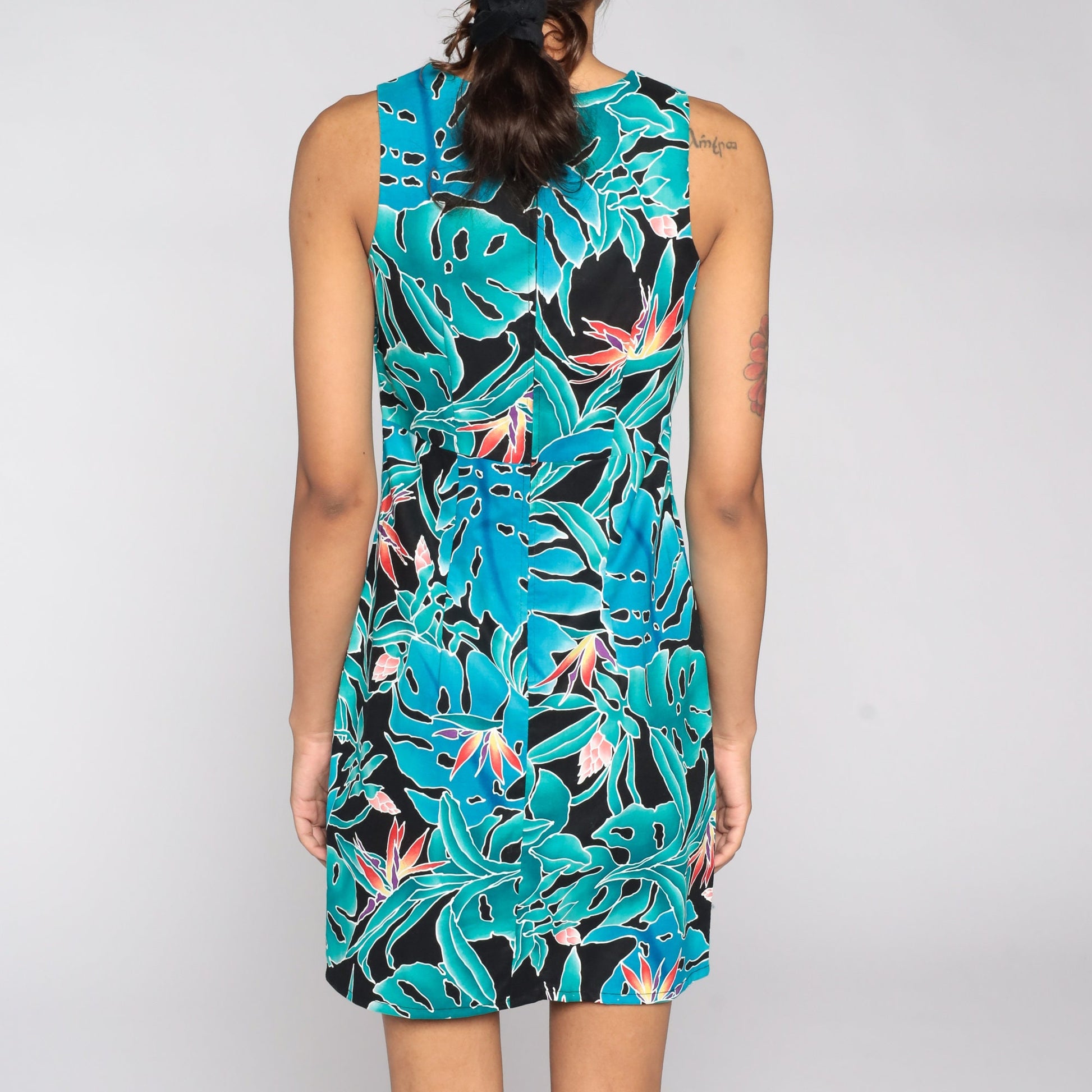 90s Floral Tropical Mini Sundress Shift Sleeveless Blue Green Extra Small