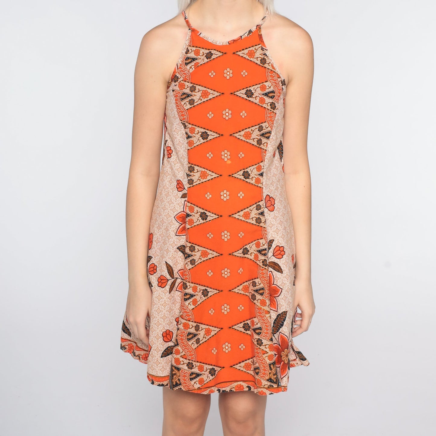 90s Batik Floral Mini Sundress Orange Sleeveless Shift Extra Small