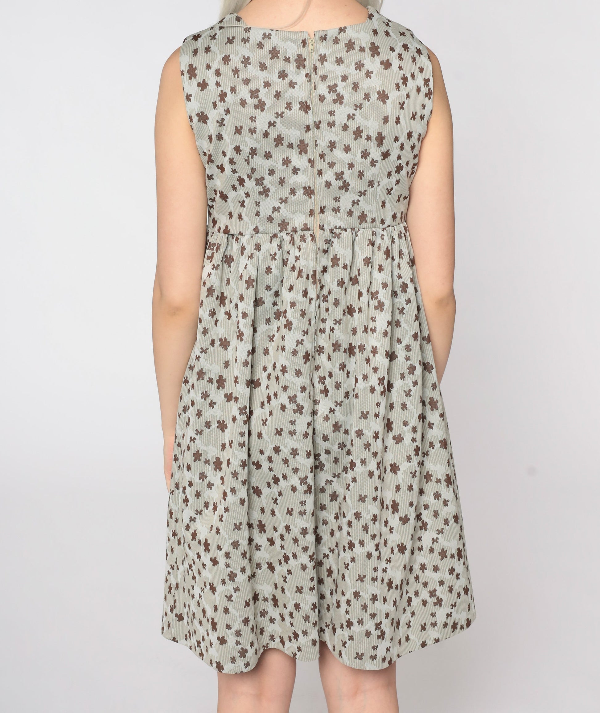 70s Taupe Floral Mini Dress Empire Waist Sleeveless Small