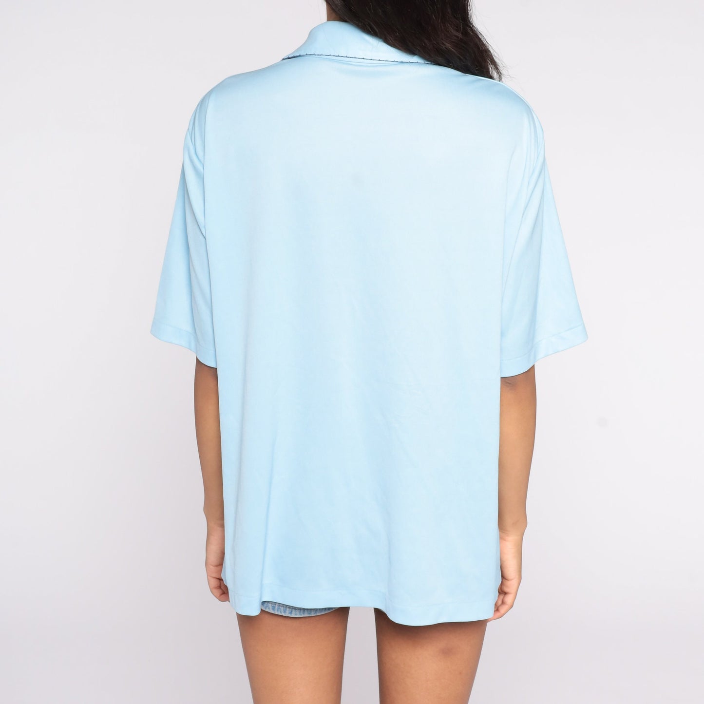 70s Baby Blue Button-Up Shirt Pointed Collar Short Sleeve Men's Large