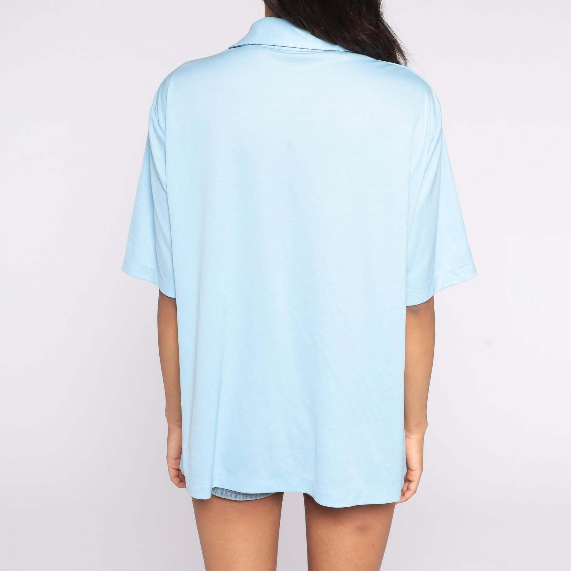 70s Baby Blue Button-Up Shirt Pointed Collar Short Sleeve Men's Large