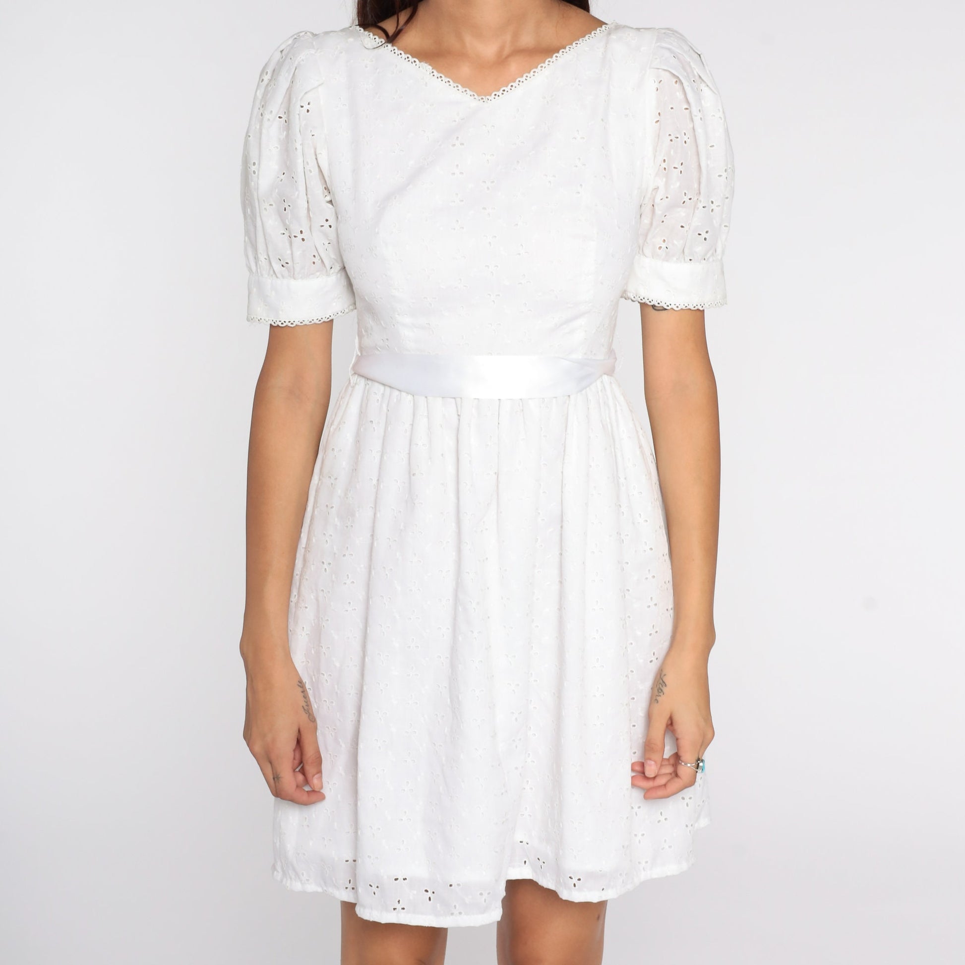 80s Lanz White Eyelet Midi Dress Puff Sleeve High Waist Extra Small