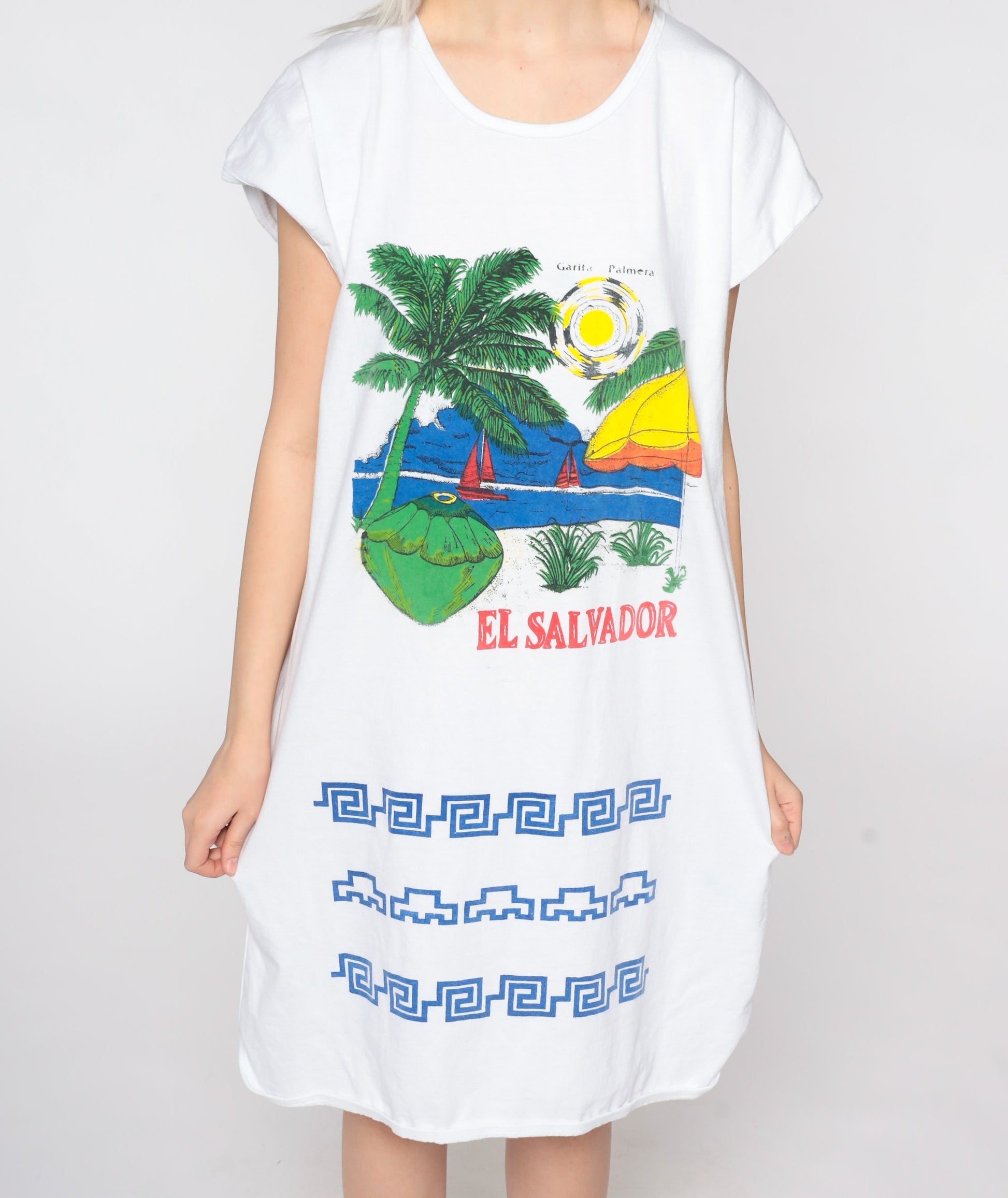 80s El Salvador Tropical Palm Tree Graphic T-Shirt Dress Cotton Medium Large