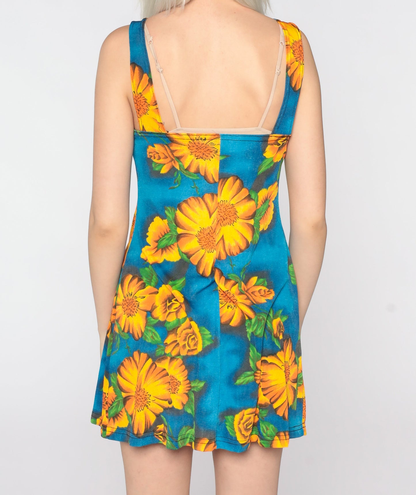 90s Floral Bodycon Mini Dress Blue Yellow Sleeveless Small Medium