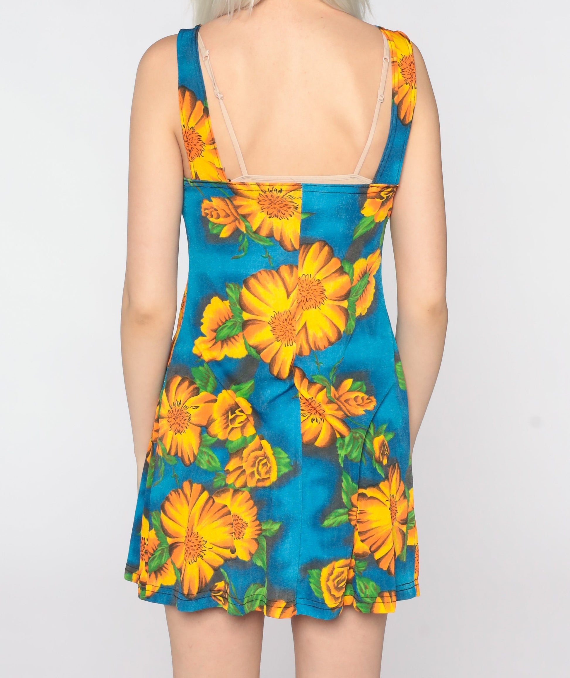 90s Floral Bodycon Mini Dress Blue Yellow Sleeveless Small Medium