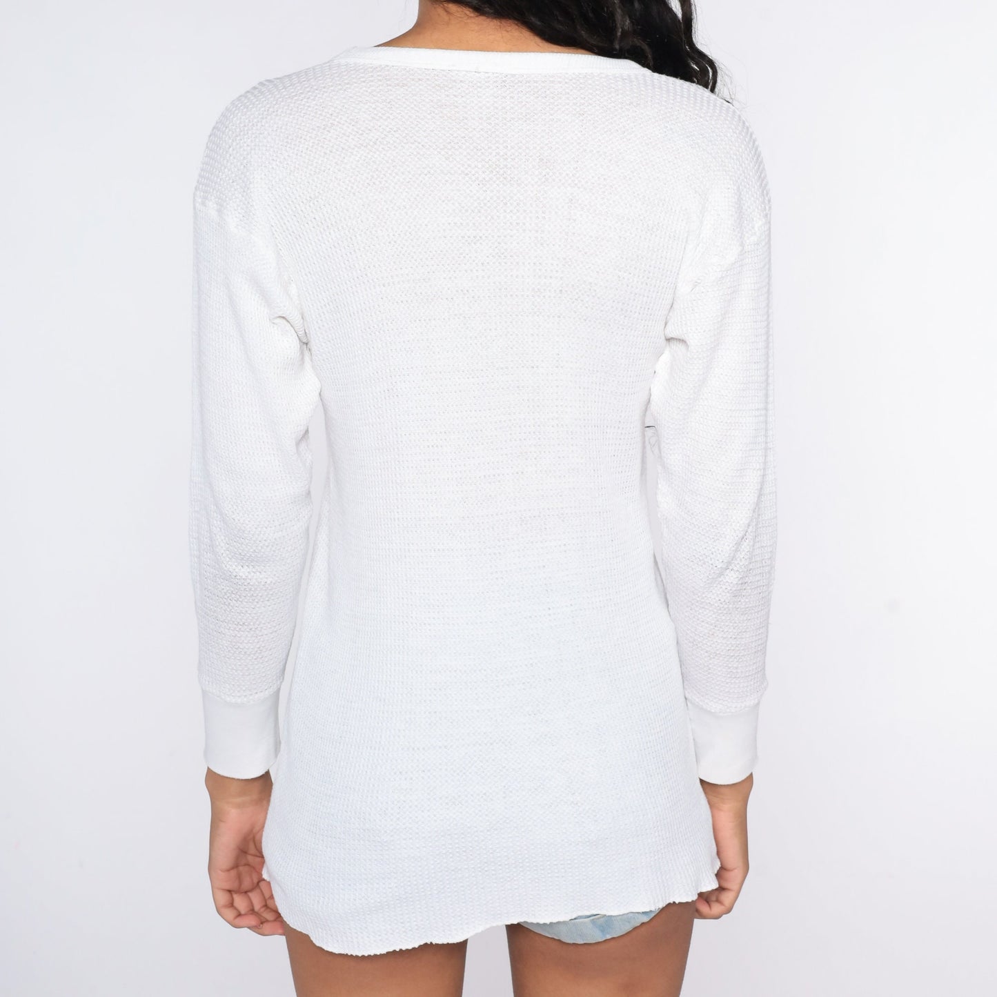 80s White Thermal Waffle Knit Long Sleeve Undershirt Medium