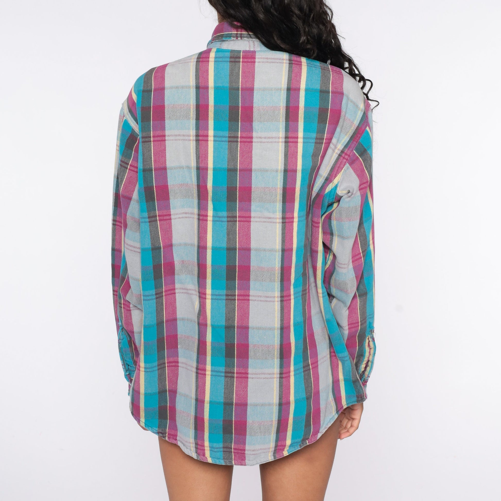 90s Blue Plaid Flannel Shirt Cotton Button-Up Long Sleeve Extra Large