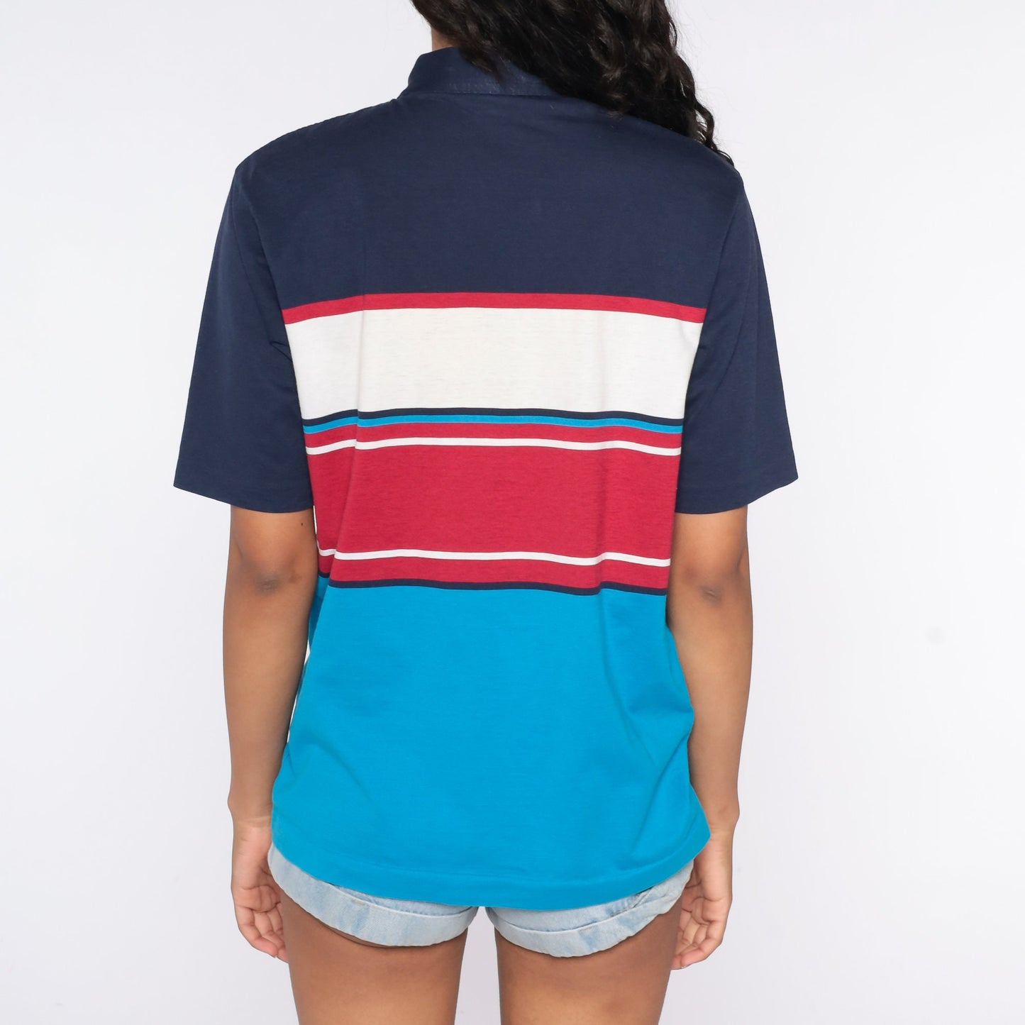 80s Tournament by Arrow Striped Polo Shirt Navy Turquoise Red Medium