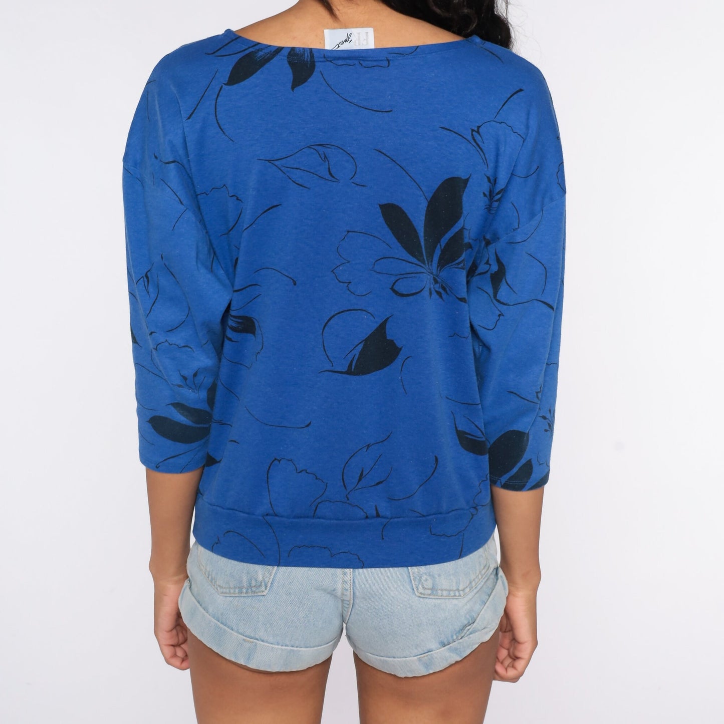 80s Floral Dolman Sleeve Blouse Blue 3/4 Shirt Large