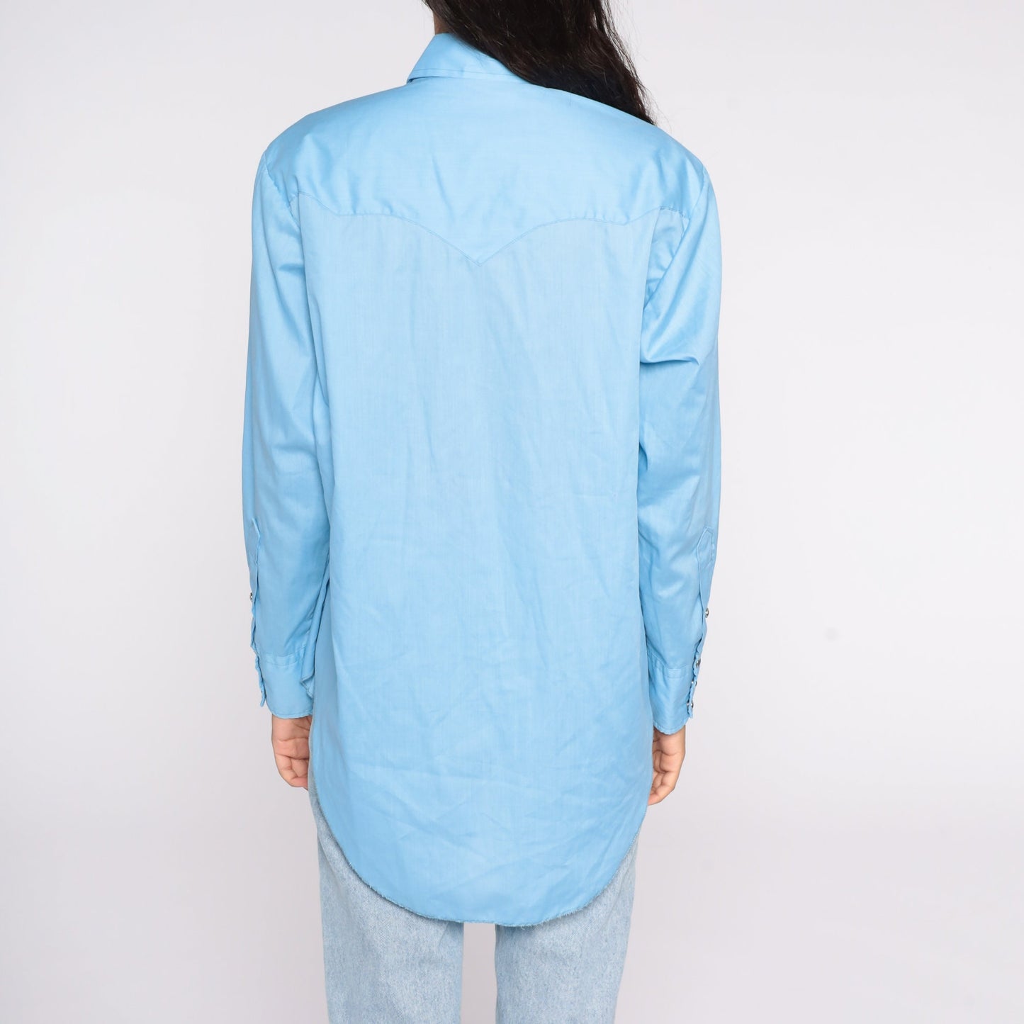 70s Blue Western Button-Up Shirt Long Sleeve Cotton Blend Medium
