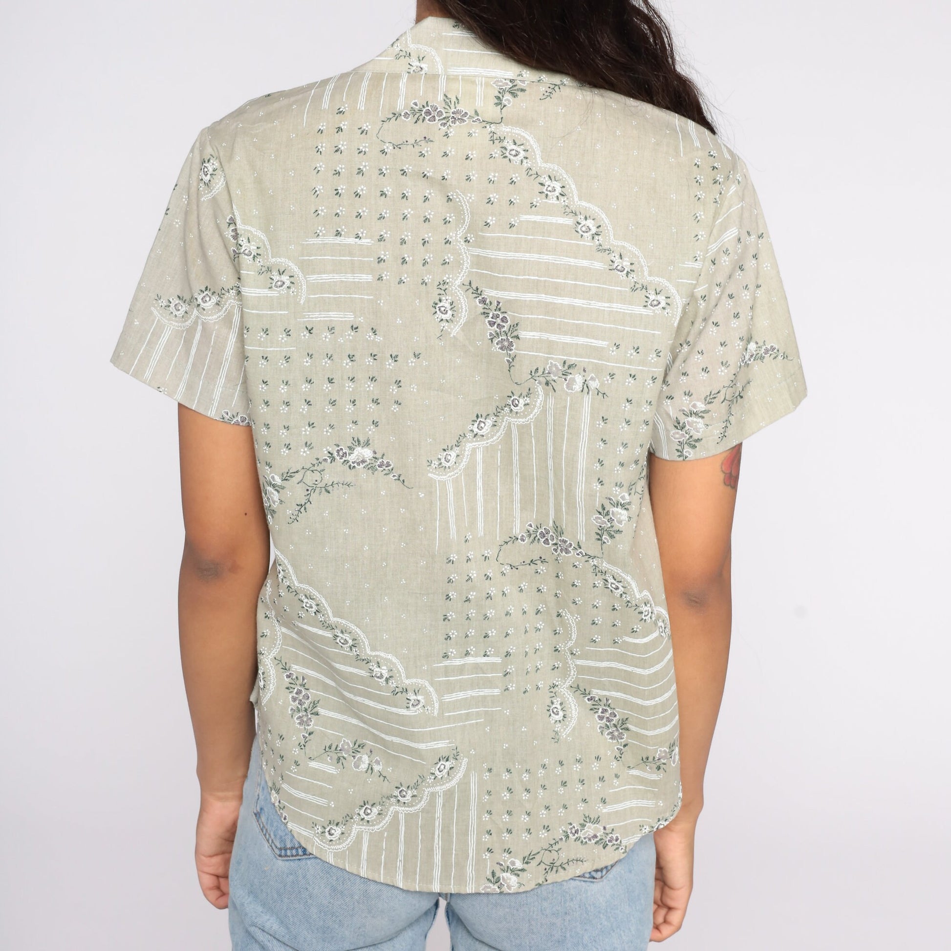 80s Taupe Floral Button-Up Blouse Short Sleeve Petite Small