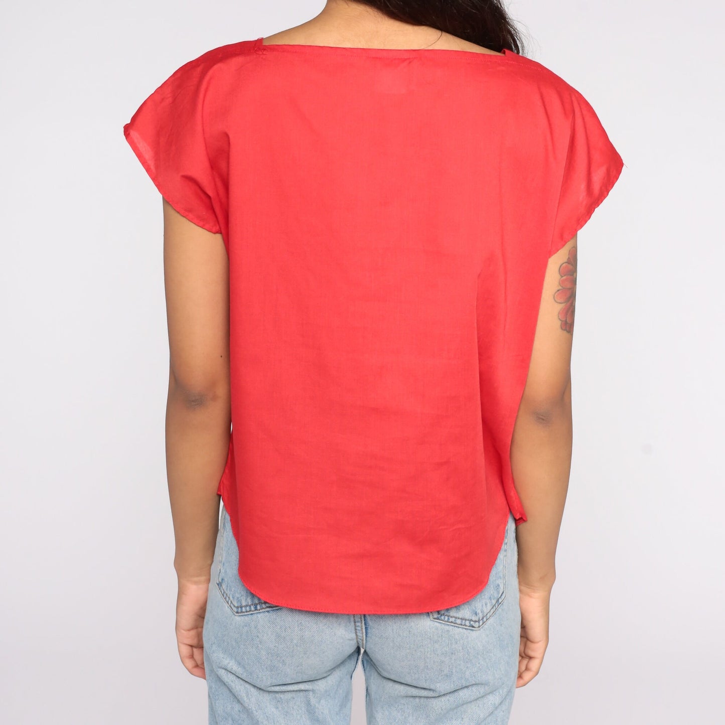 80s Red Cap Sleeve Blouse Cotton Blend Plain Shirt Large L