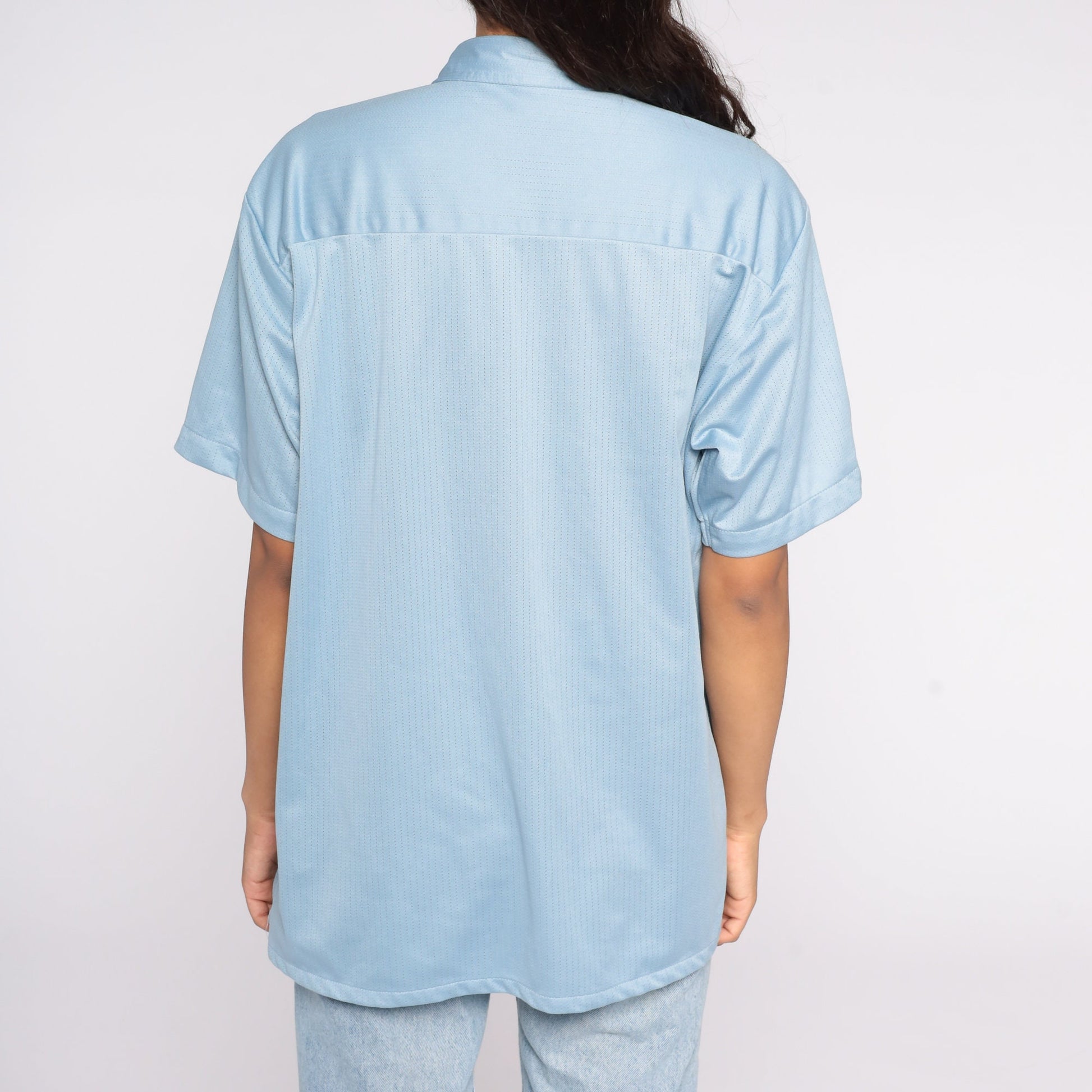 70s Haband Blue Button-Up Shirt Short Sleeve Collar Men's Large