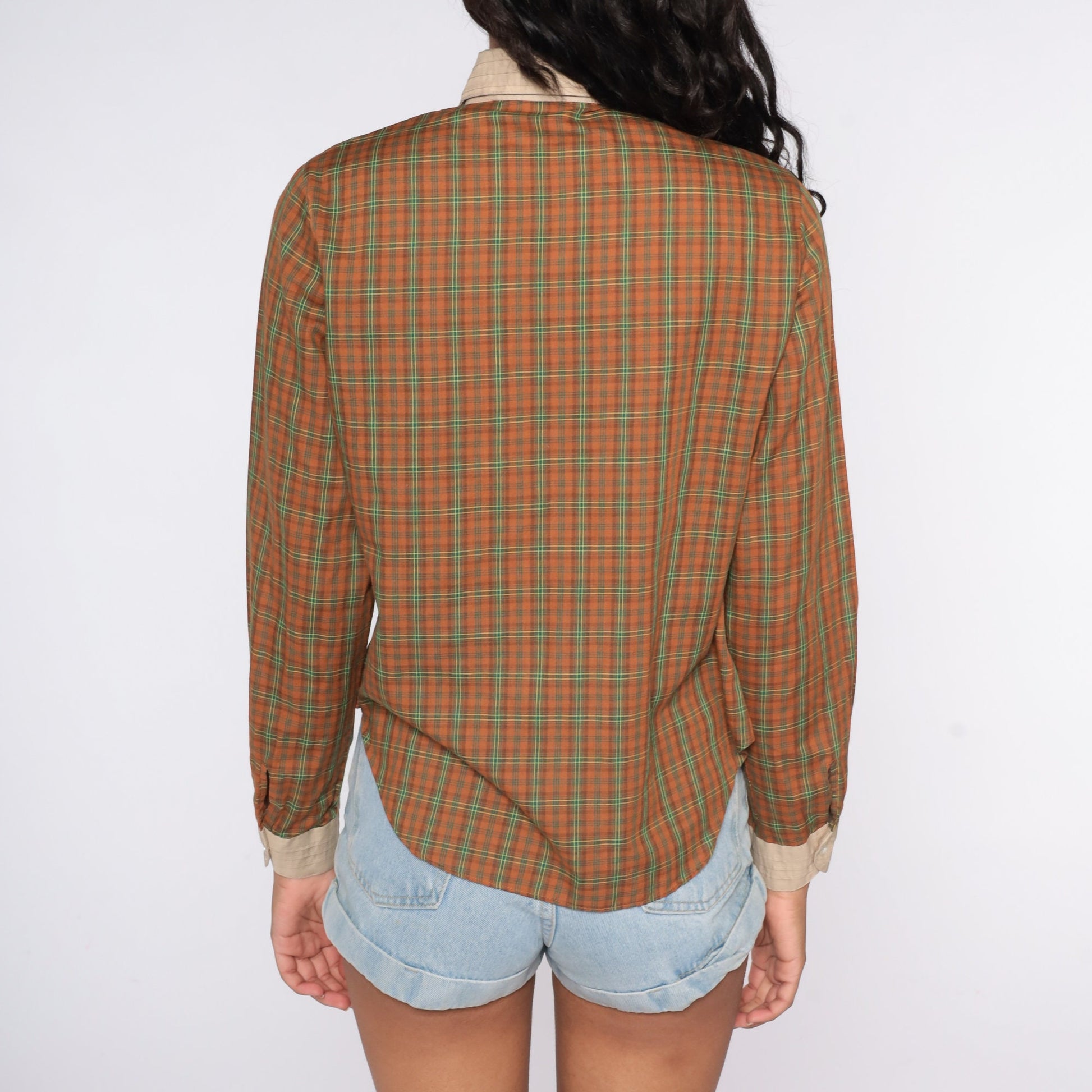 80s Brown Plaid Button-Up Blouse Long Sleeve Chest Pocket Medium