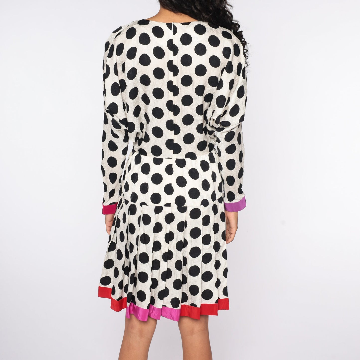 90s Polka Dot Silk Midi Dress Dolman Sleeve Pleated Black White Small