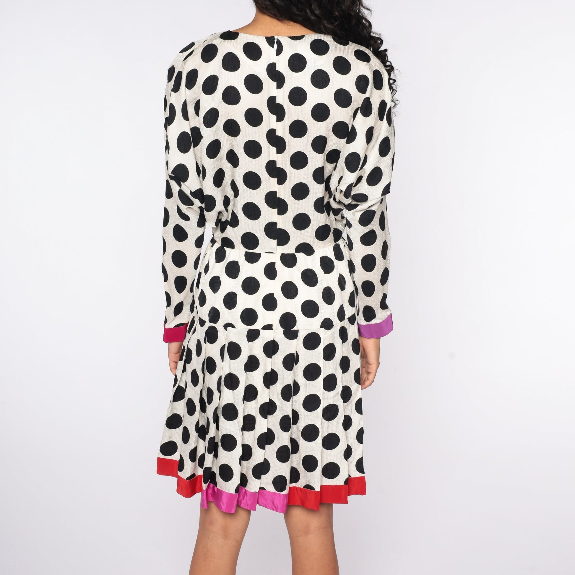 90s Polka Dot Silk Midi Dress Dolman Sleeve Pleated Black White Small