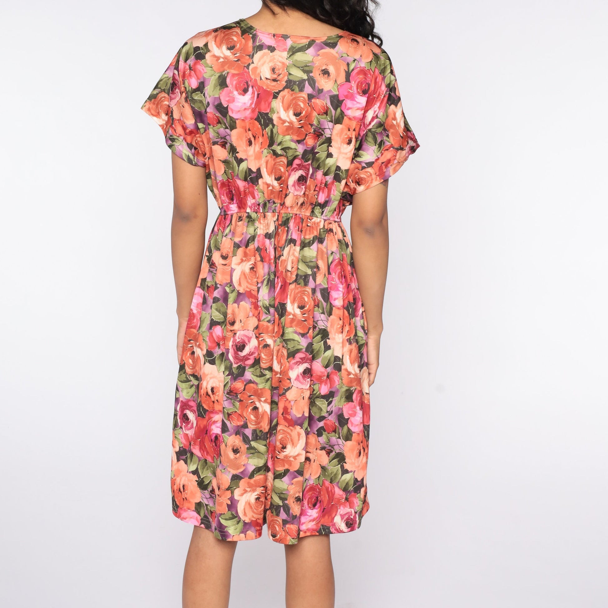80s Floral Midi Dress Deep V Neck High Waist Short Sleeve Medium