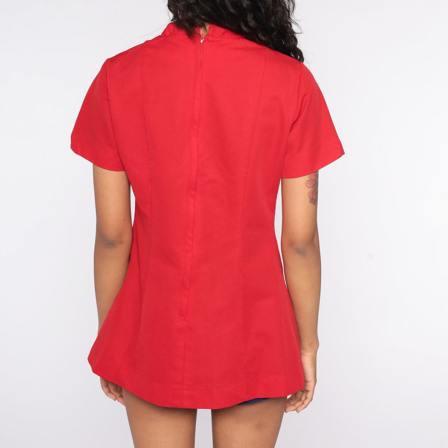 70s Red Mandarin Collar Shirt Polyester Short Sleeve Blouse Medium