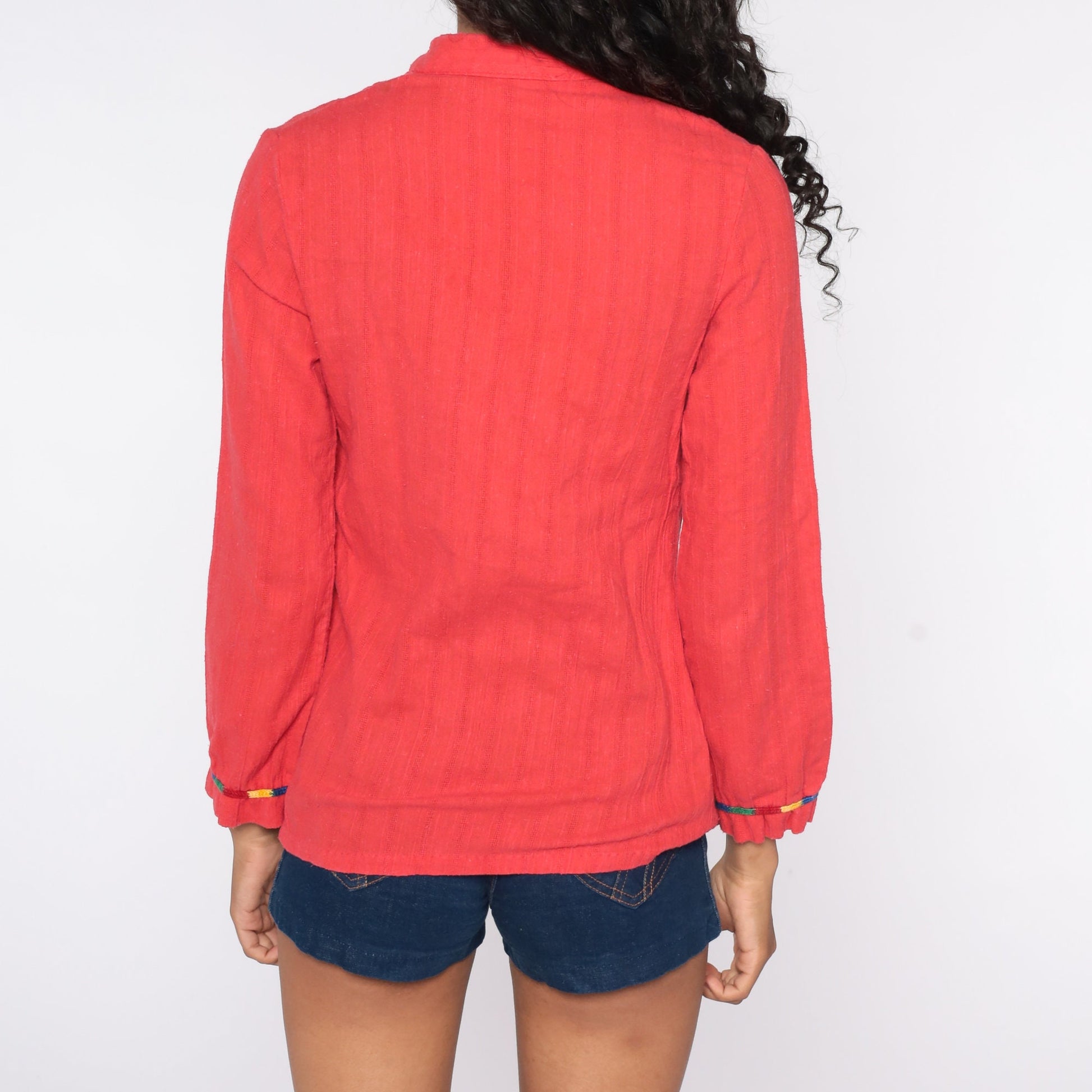 70s Red Cotton Tunic Top V-Neck Long Sleeve Vintage Blouse Small
