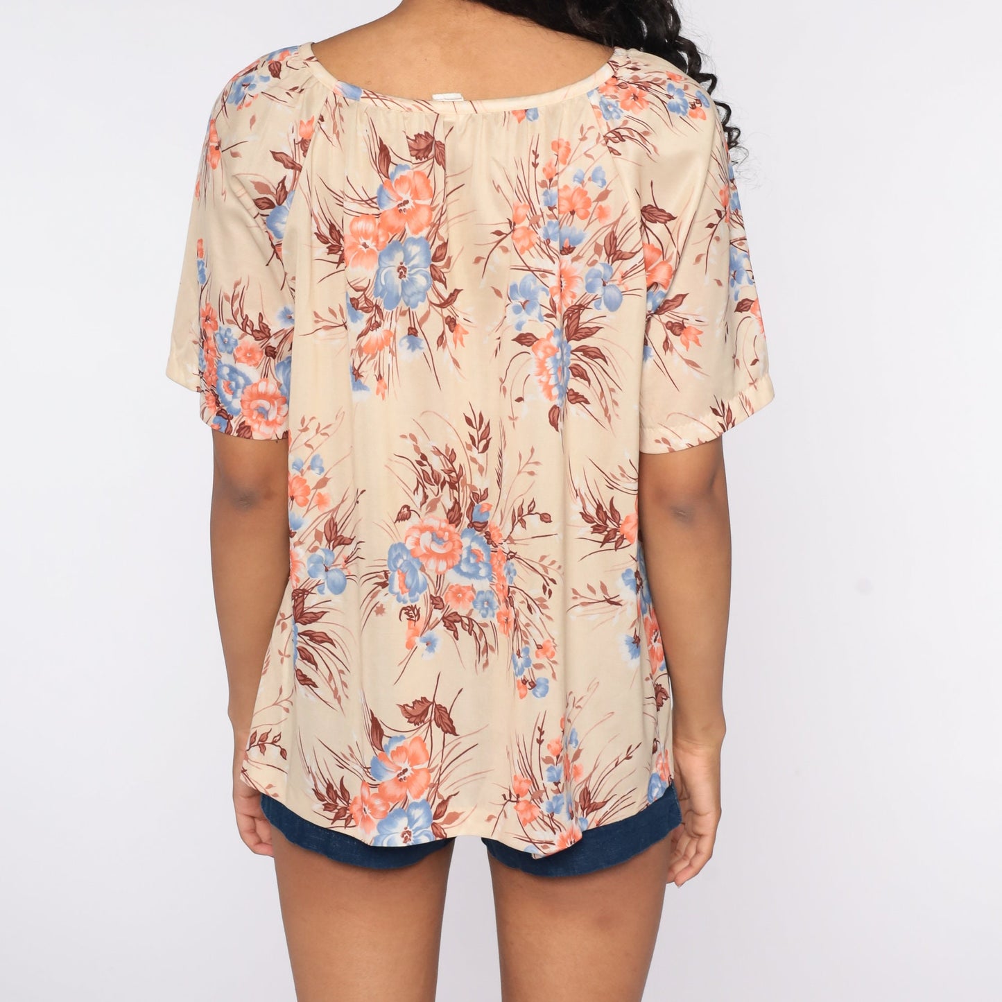 70s Floral Keyhole Blouse Cream Short Sleeve Vintage Shirt Large