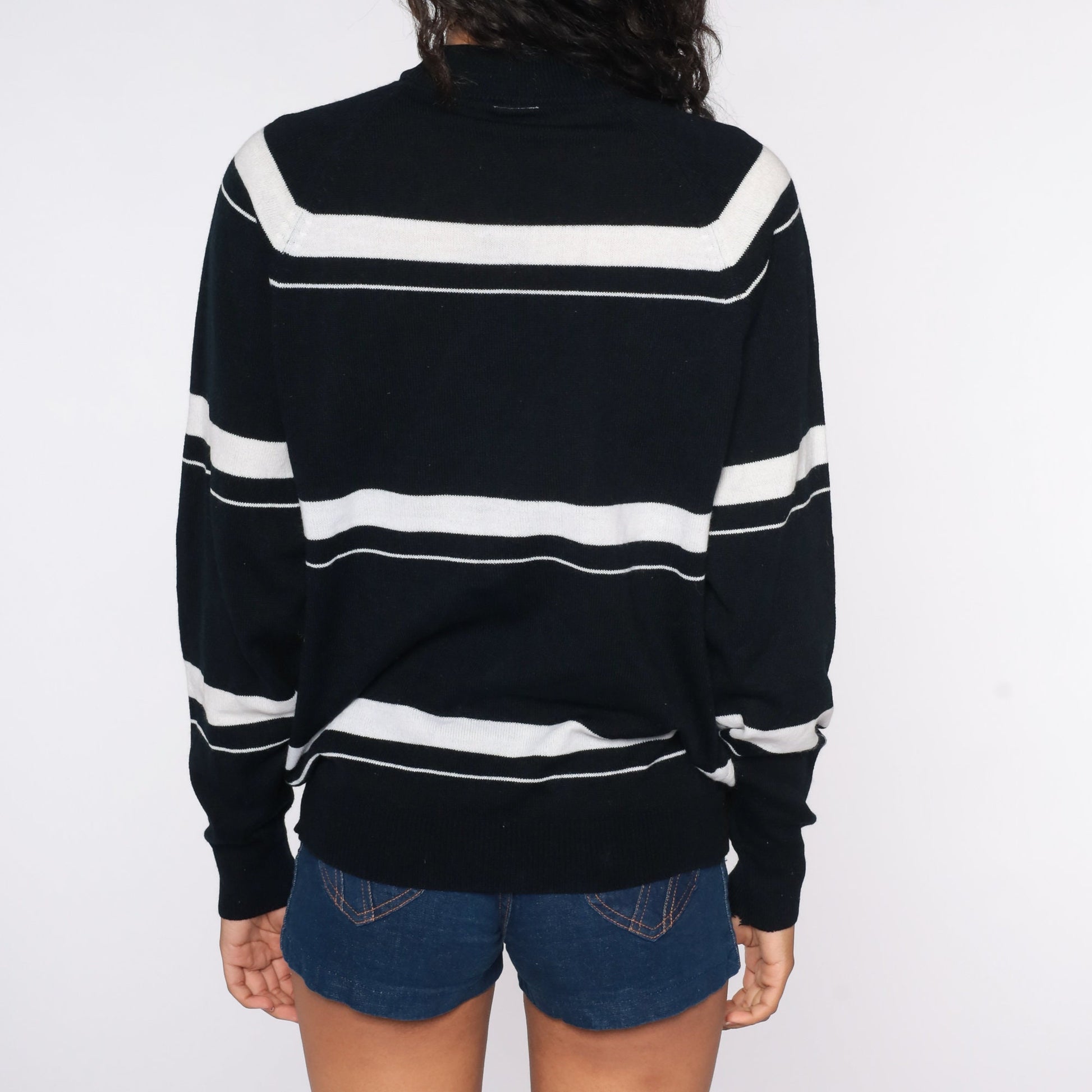 70s Black Striped Knit Sweater Mock Neck Pullover Large
