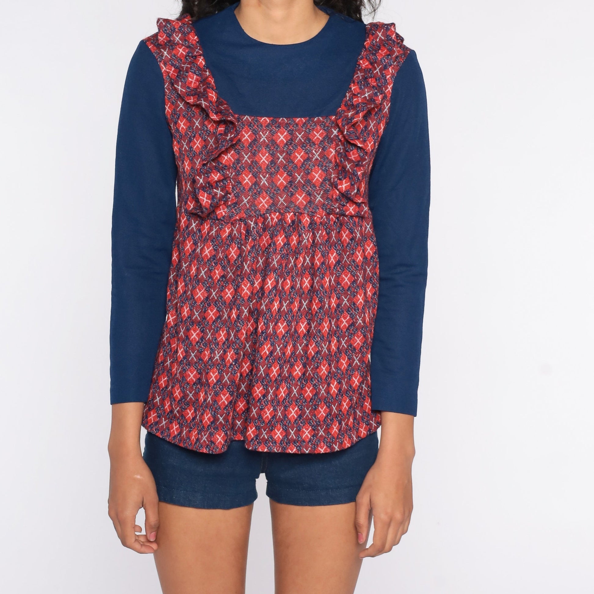 70s Plaid Babydoll Top Ruffled Long Sleeve Checkered Tunic Blue Red Medium