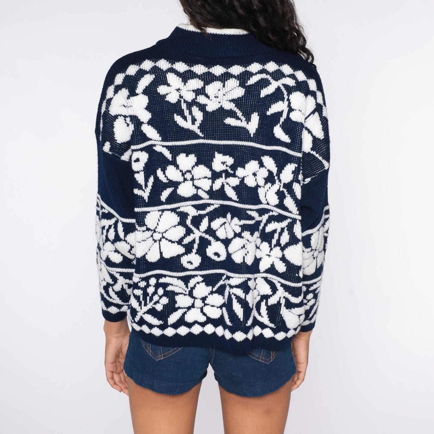 80s Floral Mock Neck Sweater Navy Blue Pullover Large