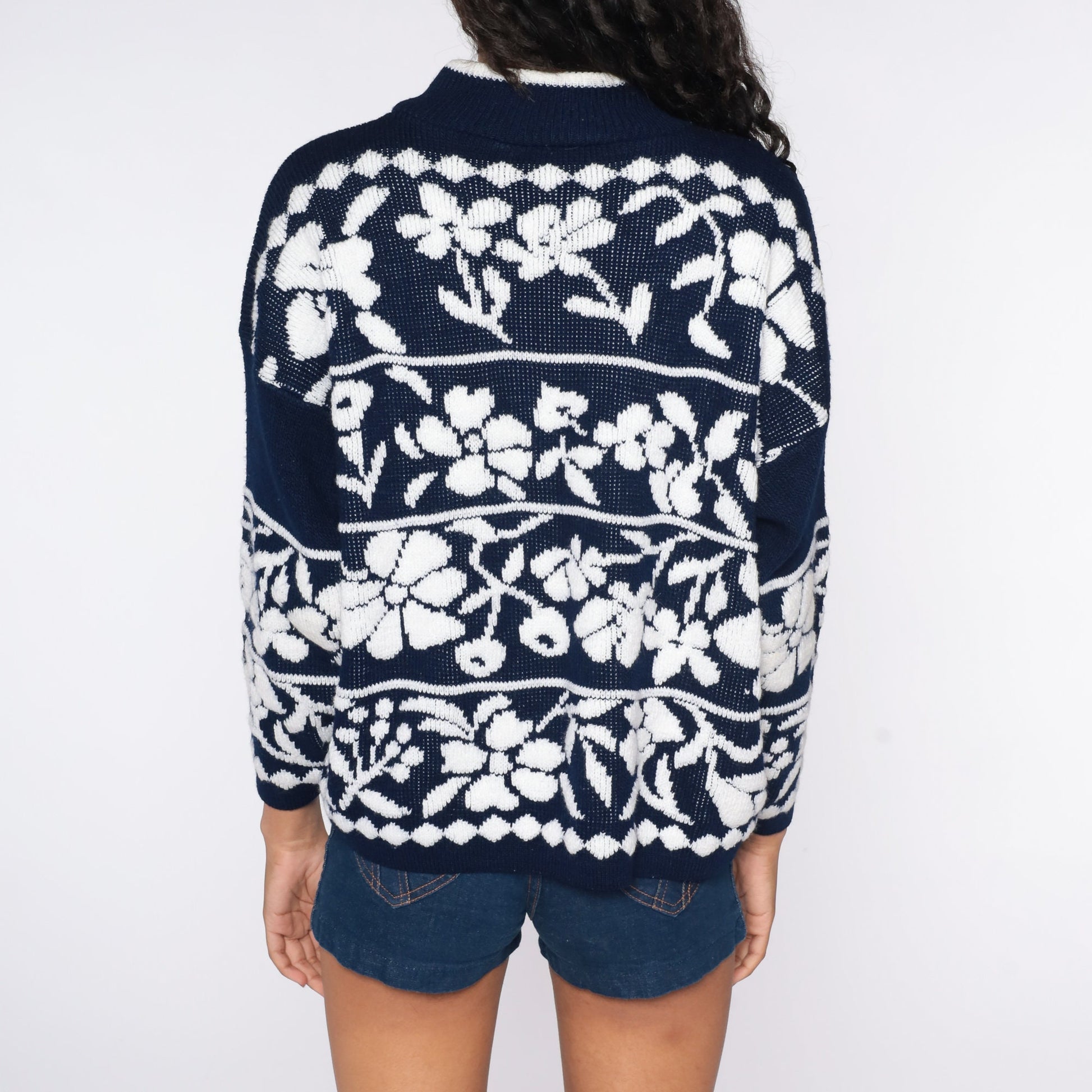 80s Floral Mock Neck Sweater Navy Blue Pullover Large