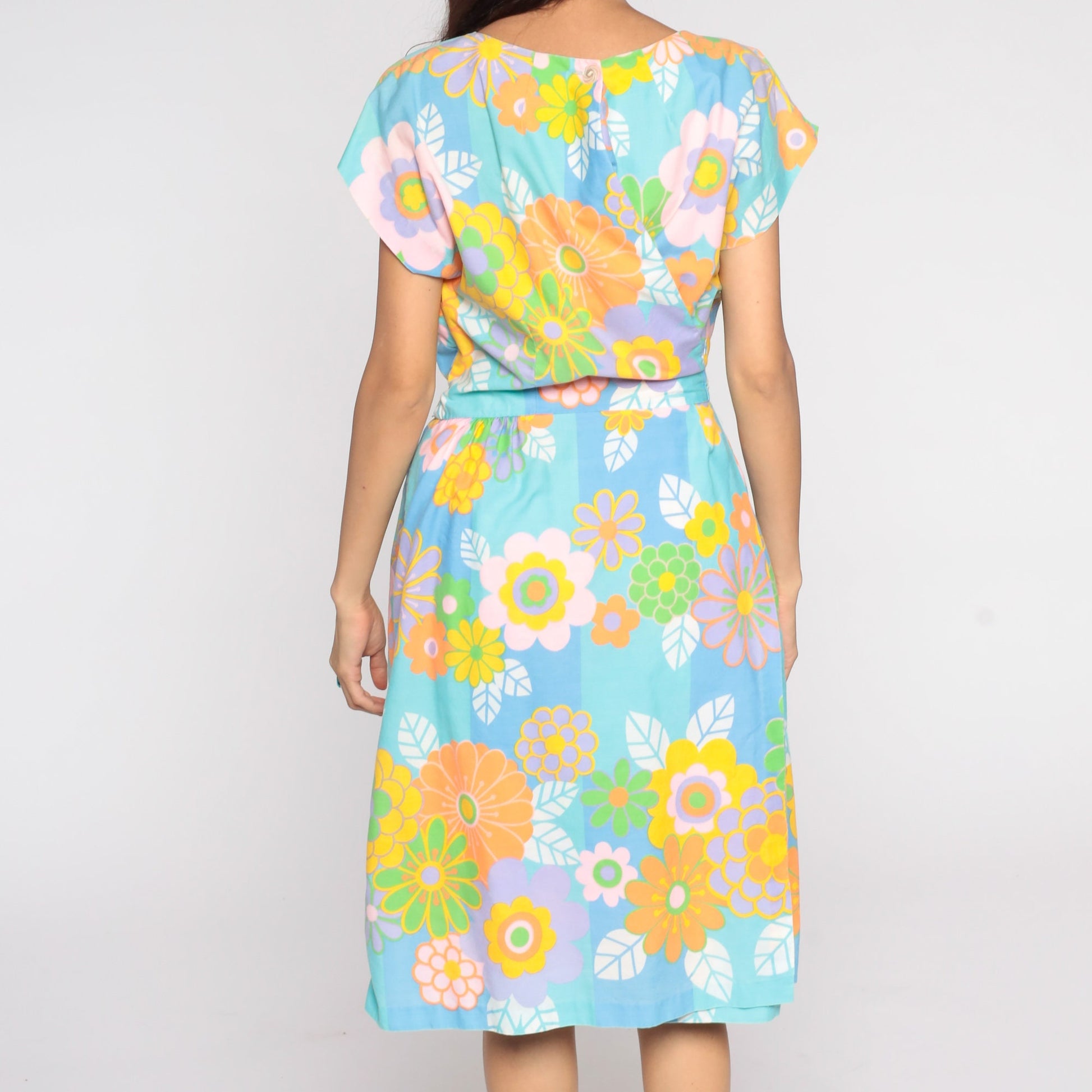 1960s Floral Wrap Dress Midi Blue Orange Flower Print Large L