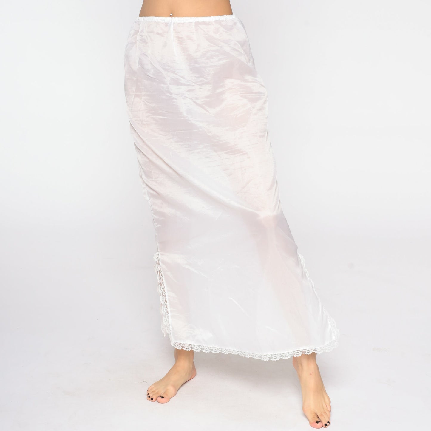70s White Sheer Slip Skirt Lace Trim Maxi Small Medium