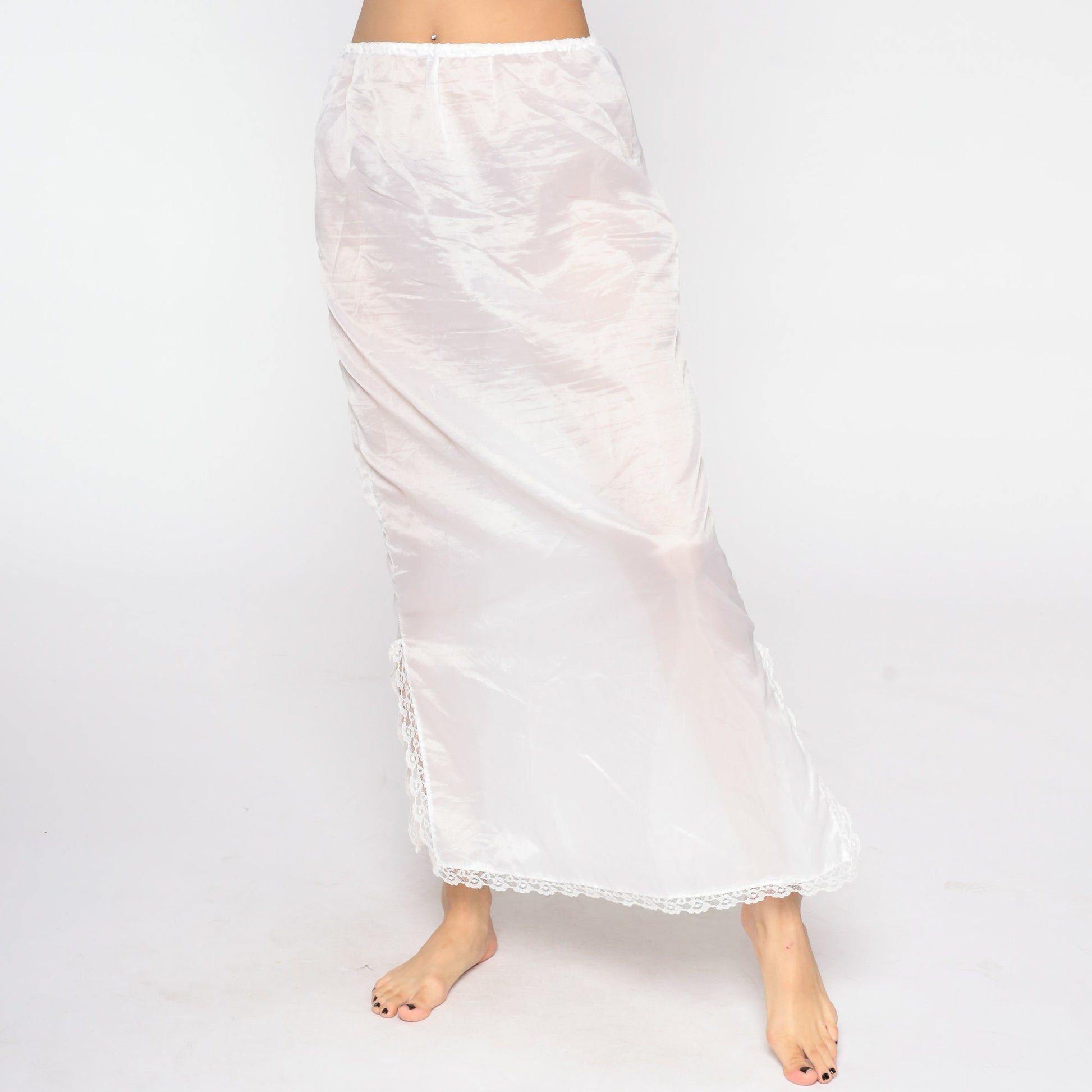 70s White Sheer Slip Skirt Lace Trim Maxi Small Medium
